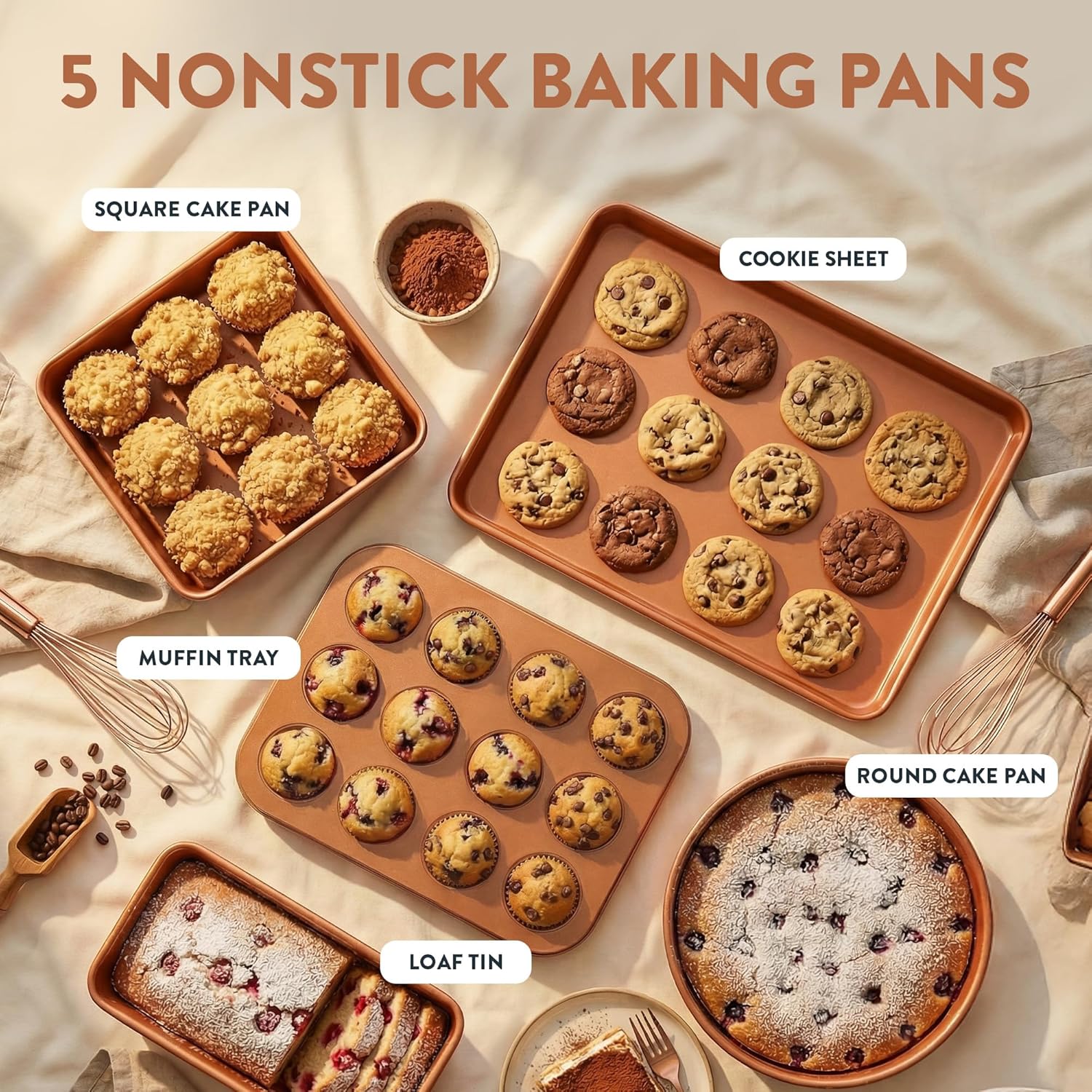 Gotham Steel Hammered 24 Pc Ceramic Cookware Set Nonstick, Induction Ceramic Pots and Pans Set Non Stick with Deep Square Pan Set & Bakeware Set, Non Toxic PFOA PFOS Free, Oven & Dishwasher Safe - Image 5