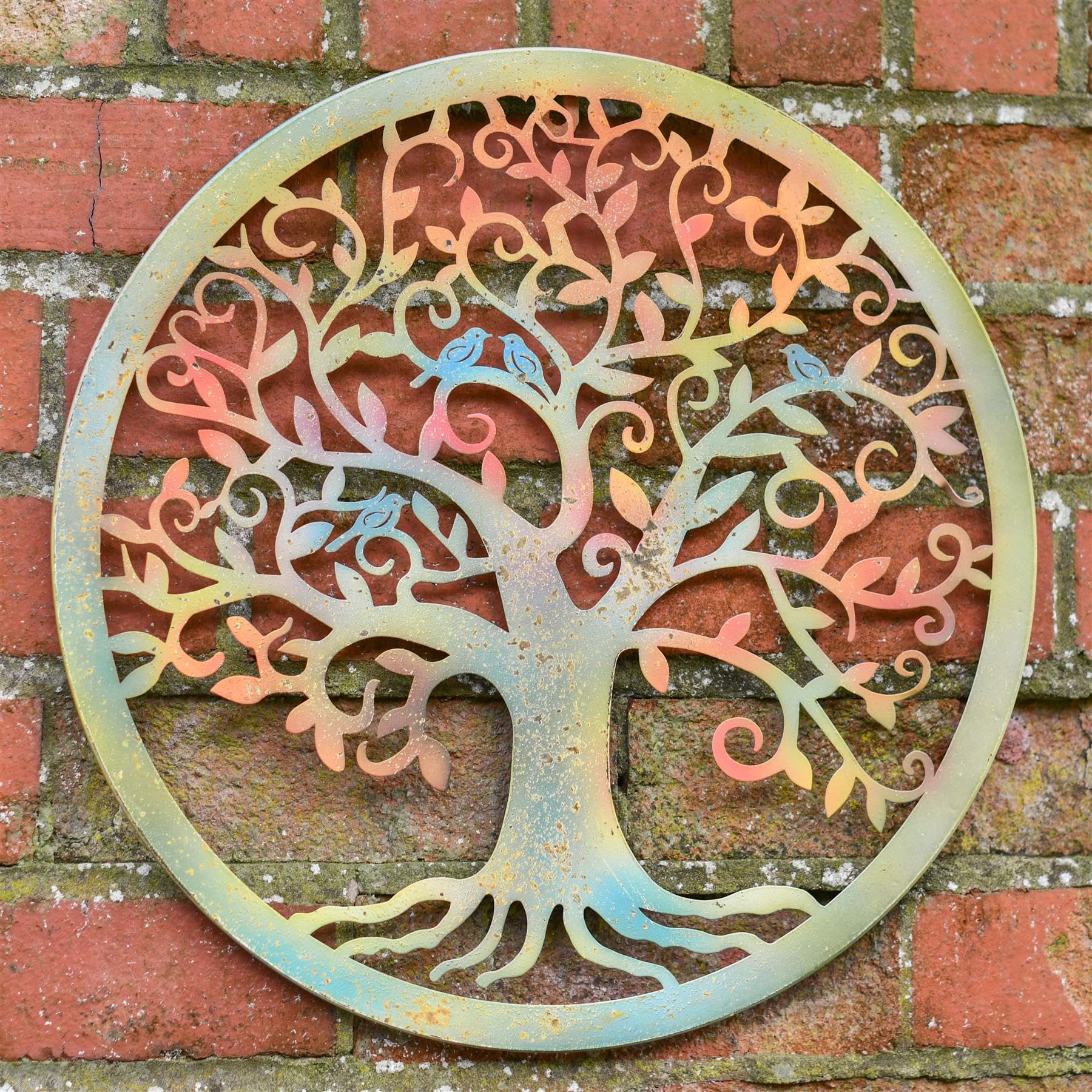 Rustic Bluebird Tree 40cm Garden Wall Art Rustic Steel Outdoor Wall Decor Colourful Metal Bird Plaque for Fence Patio Shed and Garden Walls