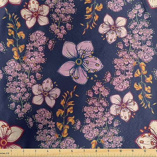 Ambesonne Floral Fabric by The Yard, Vintage Theme Meadow-Sweet and Oak Flowers Fresh Spring Shades, Decorative Satin Fabric for Home Textiles and