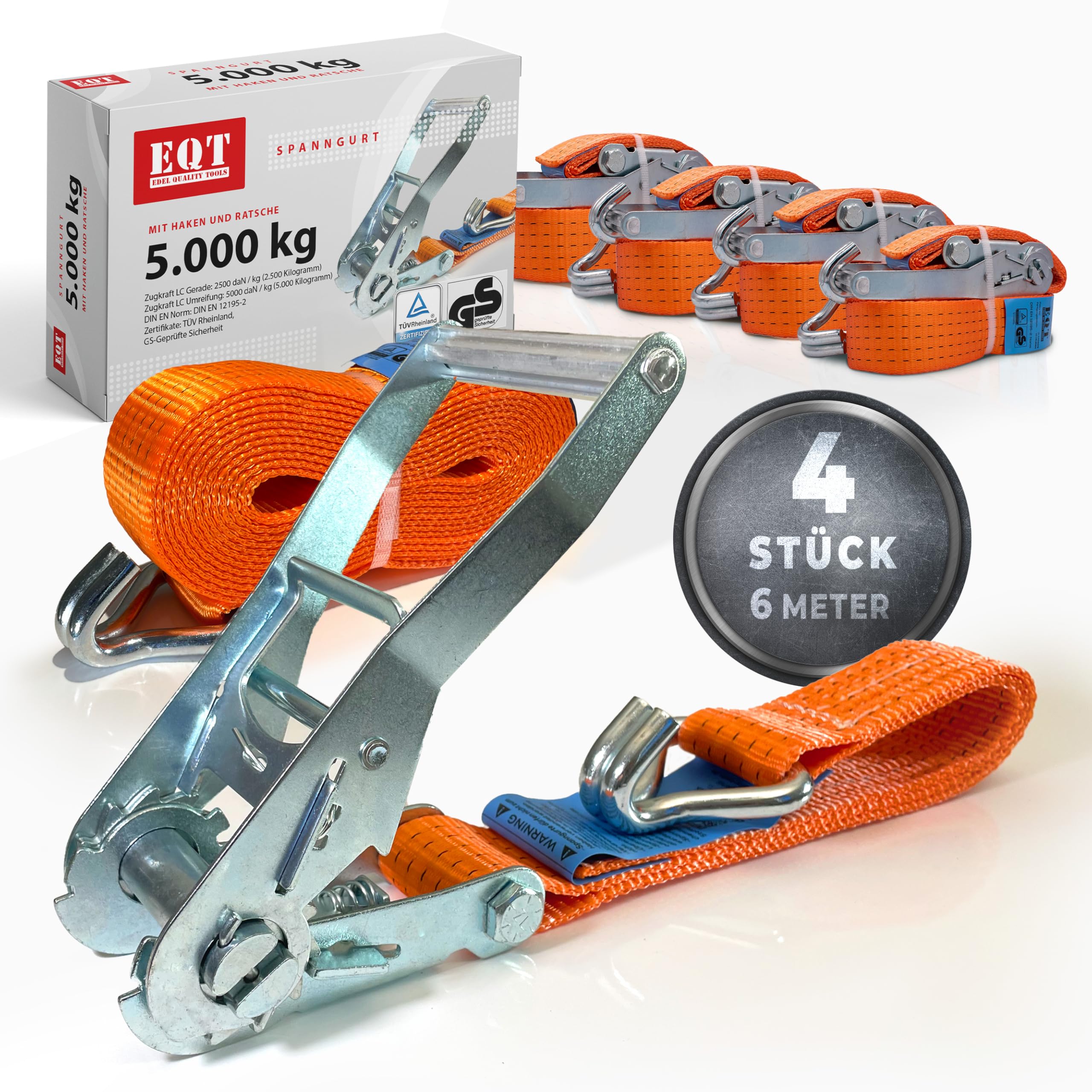 EQT 4 Stück 5000kg 6m Spanngurte mit Ratsche und Haken zweiteilig DIN EN 12195-2 TÜV GS