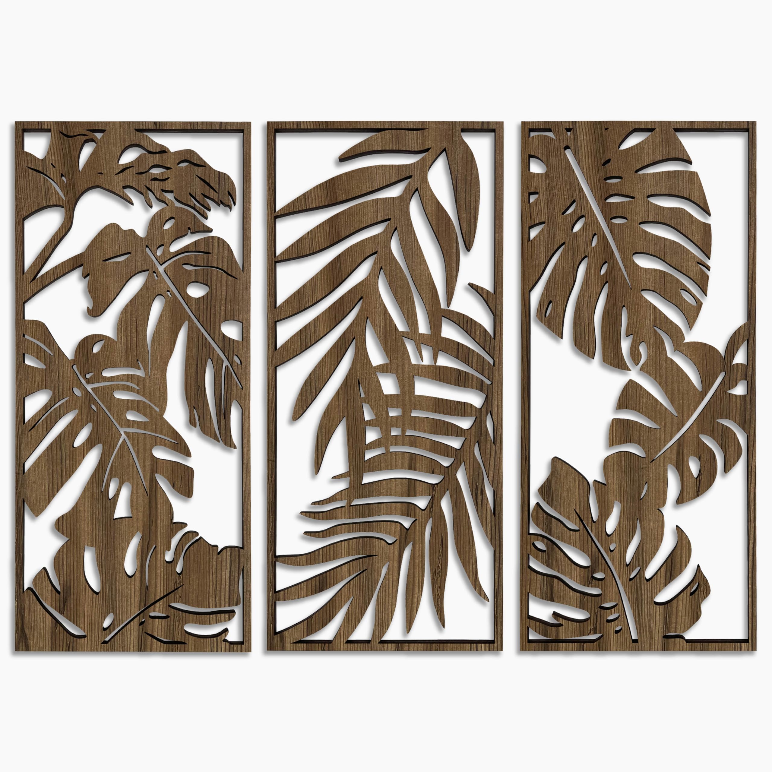 Wood Wall Art of Monstera Leaves, Tropical 3 Piece Wood Wall Decor for Bedroom, Botanical Wood Wall Panels for Living Room, Wooden Wall Art Decor Gift