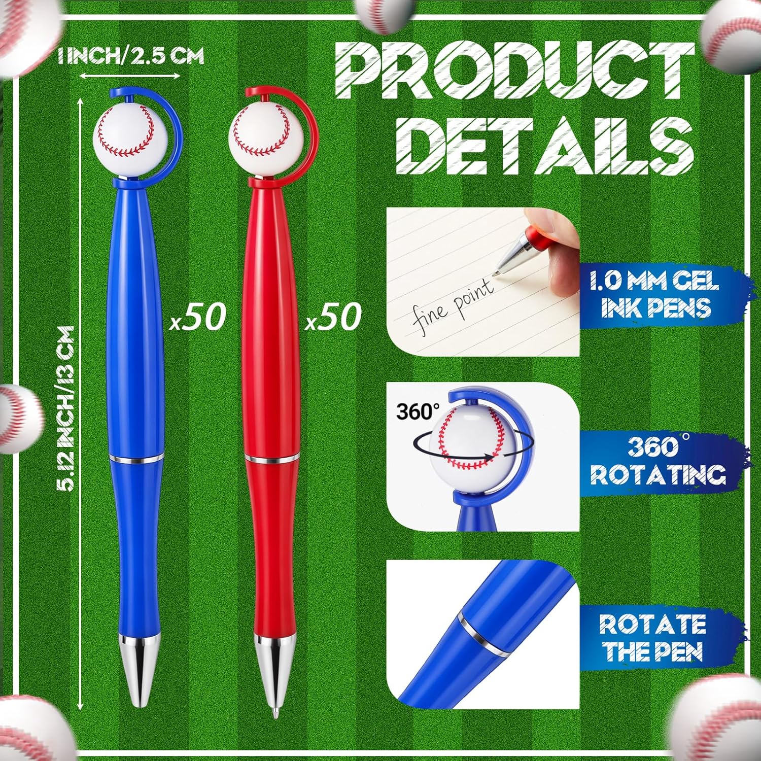 Supervitae 100 Pcs Baseball Party Favor Pens Bulk, Retractable Black Ink Ballpoint Pens with 360° Rotating Ball Design, Novelty Sports Theme Goodie Bag Stuffers for Team Events, Red and Blue