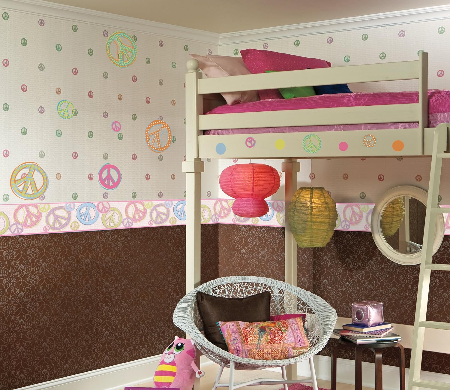 RoomMates York Wallcoverings Friends Forever JE3512B Peace & Love Sign Pre-pasted Wallpaper Border, White Background/Pink/Black
