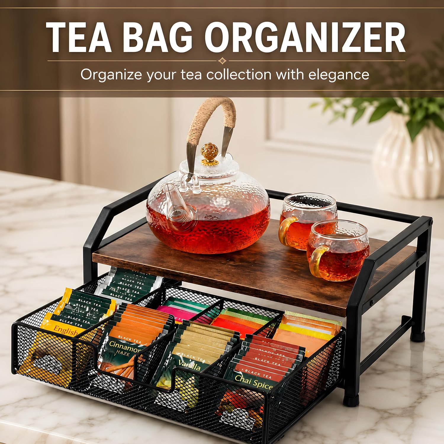 Tea Bag Organizer, Tea Holder for Countertop | Pull Out Drawer for Tea Bags, Coffee Pods and Drink Accessories, Fits Kitchen, Office and Apartment Counter