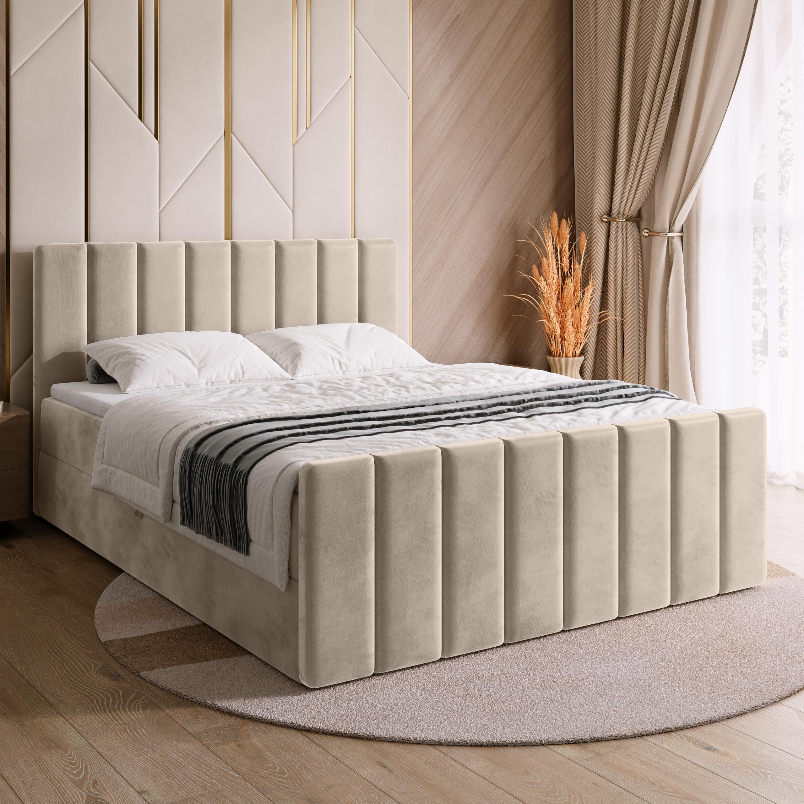 BROMARKT Boxspringbett mit Matratze 180x200cm Bett mit Topper Beige | Polsterbett mit Bettkasten Doppelbett mit Stauraum für Schlafzimmer gepolsterte Kopfteil Bed Bonell H3 DENVER DUO