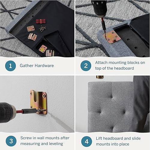 Miniatura 37 de LUCID - Cabecera tapizada de altura media, capitoné de diamantes, acolchado poliéster, altura ajustable 34 a 46 in, fácil montaje compatible