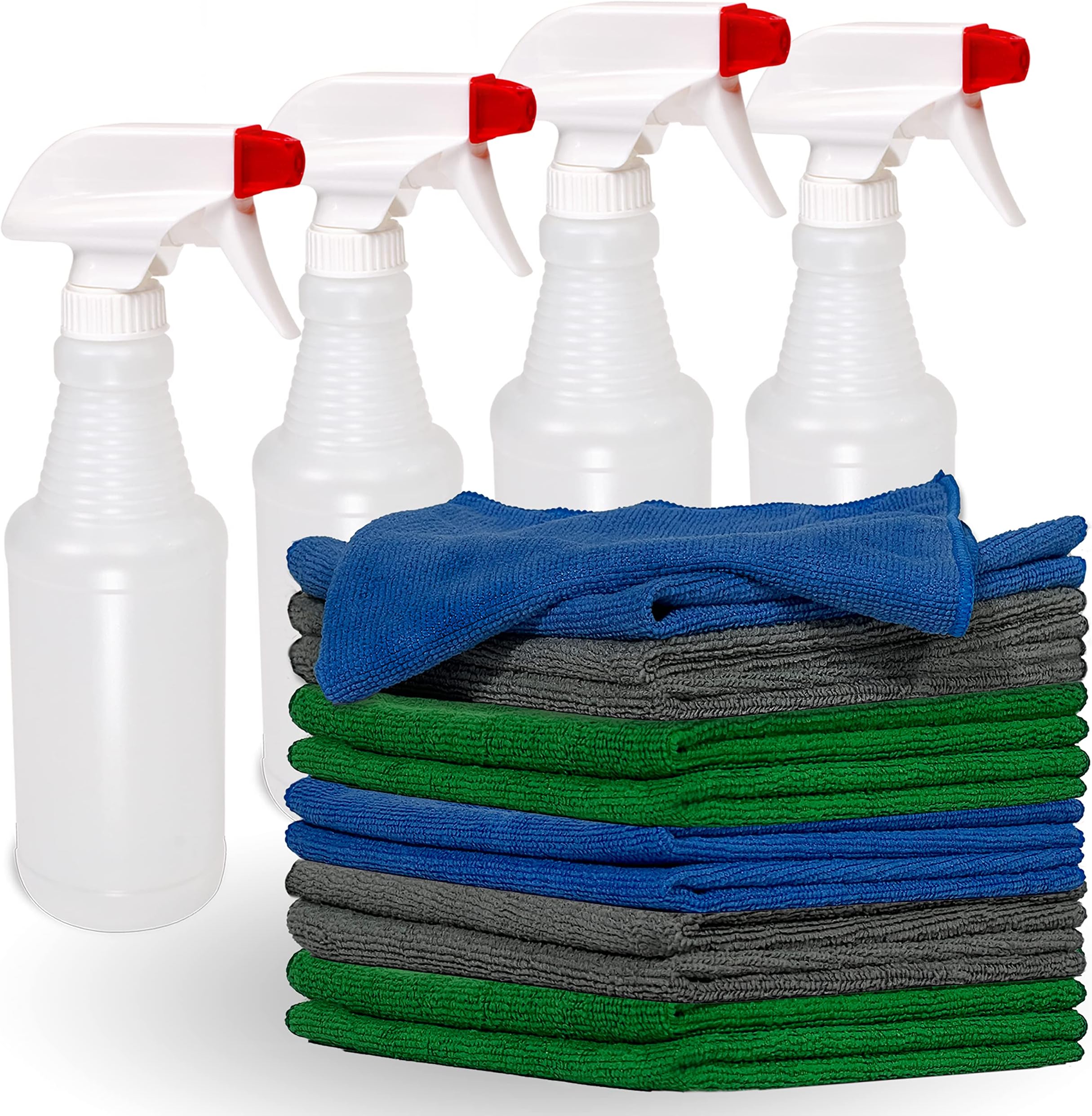 Pinnacle Mercantile12 Microfiber Cloths and 4 Spray Bottles, Extra Large 16x16in Highly Absorbent Lint Free Towels and 16oz Heavy Duty Spray Bottles for Cleaning Home Kitchen Car or Janitorial