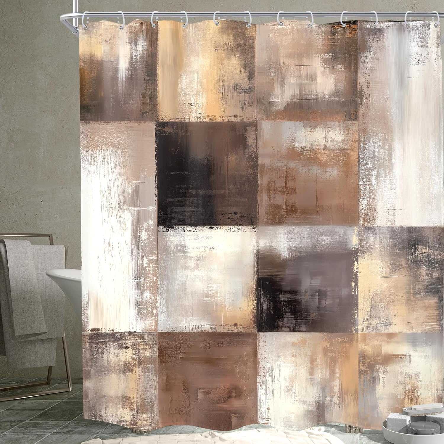 KOMLLEX Brown Grey Abstract Shower Curtain for Bathroom Decor 72Wx84H Inches Extra Long Geometric Plaid Modern Farmhouse Rustic Country Vintage Aesthetic Fabric Waterproof Polyester 12 Pack Hooks