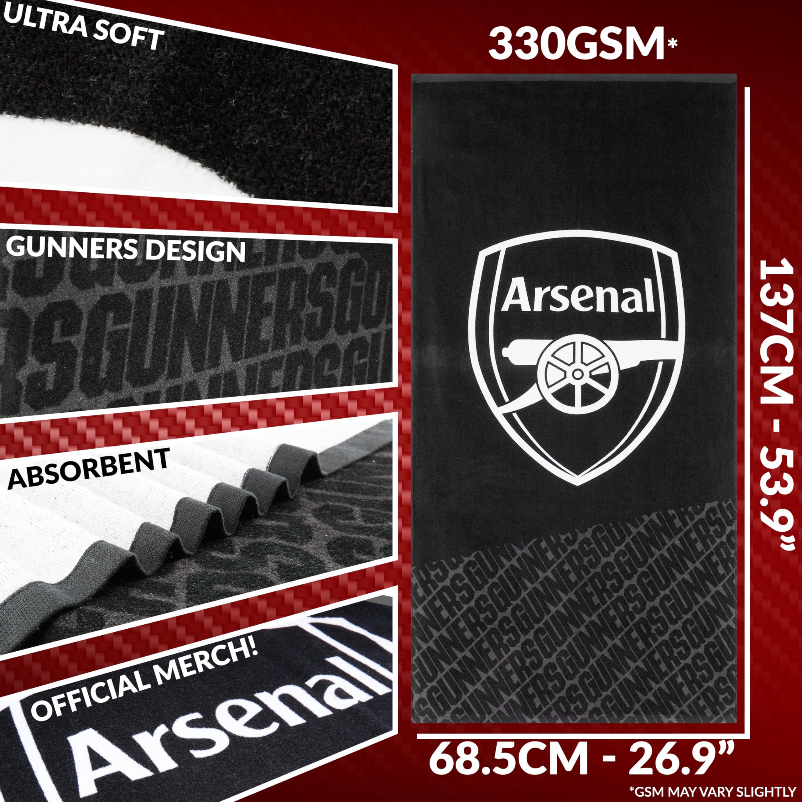 Arsenal F.C. Asciugamano per uomini, donne, ragazzi, 100% cotone, ad asciugatura rapida, con stemma del calcio, telo da bagno, nuoto, palestra, vacanze, doccia, bagno, attrezzatura per tifosi, 137 x