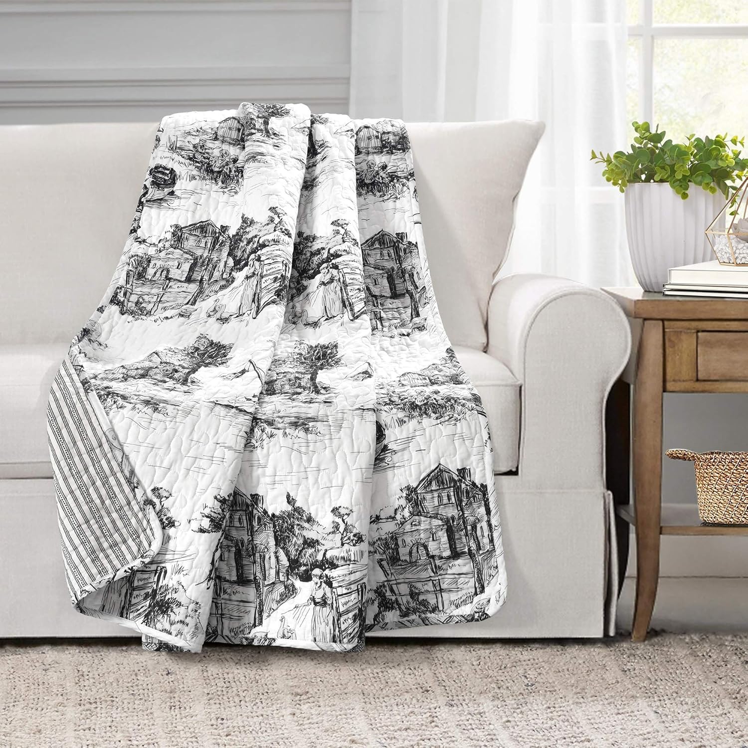 Lush Decor French Country Toile Reversible Cotton Throw Blanket Single 50" W x 60" Yellow & Gray - Yellow Blankets for Bed - Vintage Couch Blanket