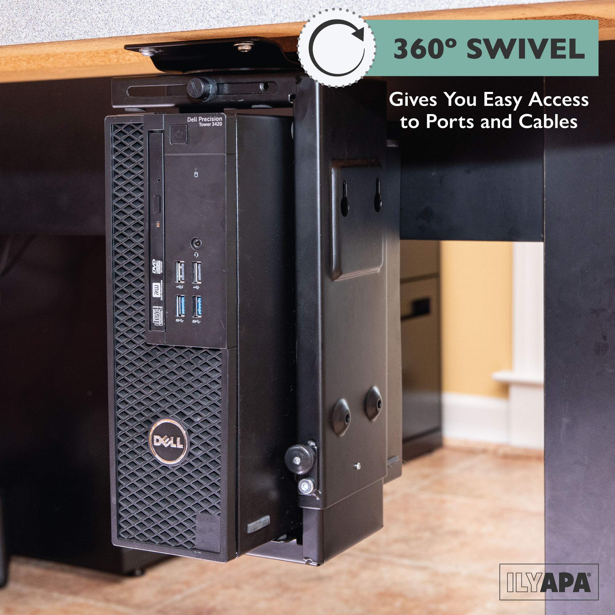 Soporte para computadora debajo del escritorio con giro de 360 grados, soporte para CPU para torre de escritorio de PC 4