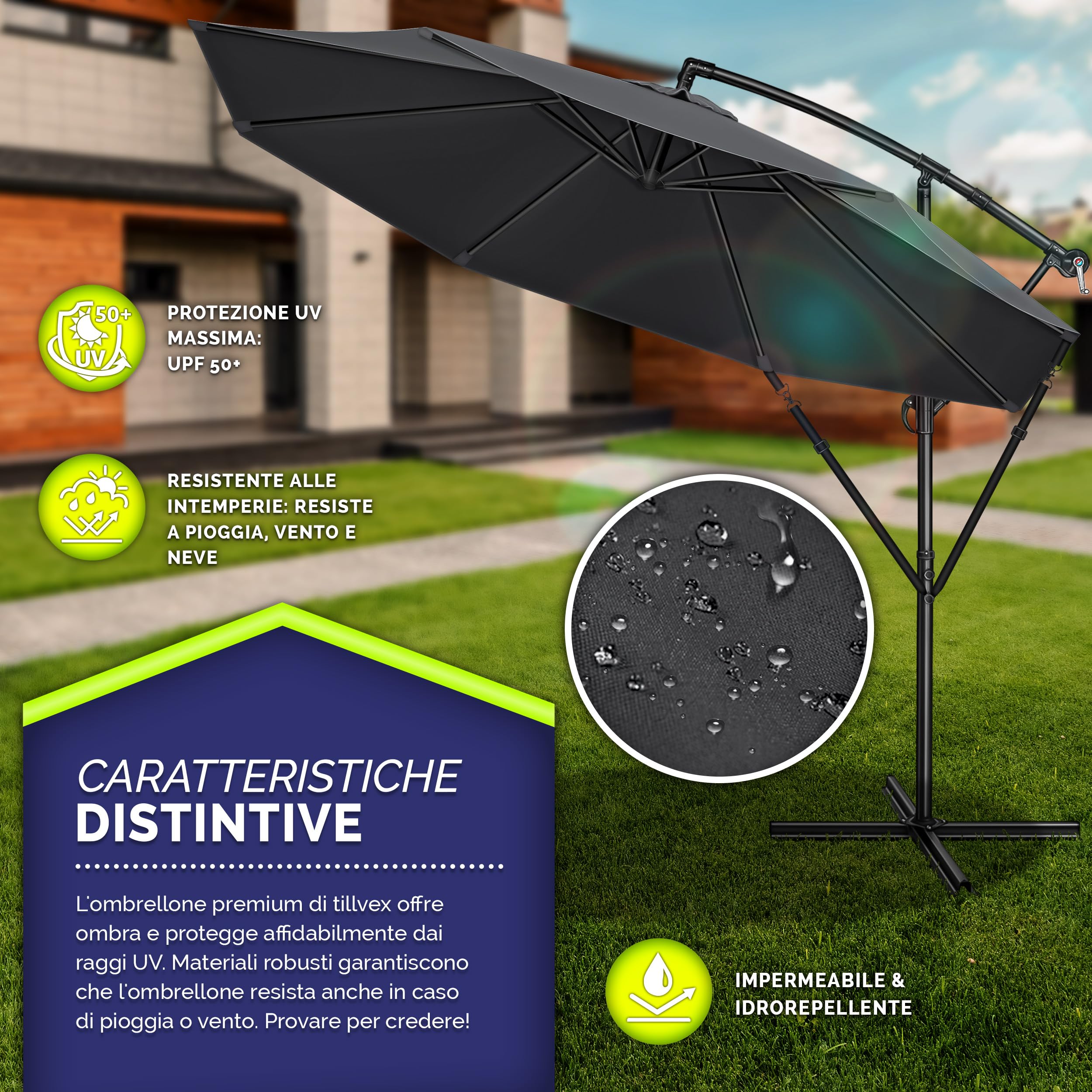 tillvex Ombrellone da Giardinoe Ø 300 cm con manovella | Ombrellone con asta per giardino, terrazza, balcone, | Materiale Alluminio con protezione UV - impermeabile | Ombrellone a manovella con base