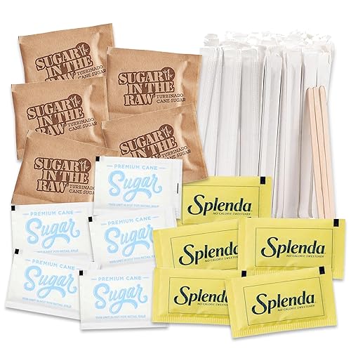 Paquetes surtidos de azúcar y edulcorantes más agitadores de café de madera, azúcar premium, azúcar en crudo, Splenda, paquetes de azúcar para el