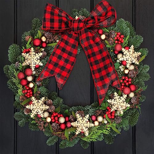 Miniatura 5 de Boao 2 rollos de cinta de Navidad con alambre de búfalo rojo y negro de 2.5 pulgadas de ancho para envolver regalos de corona de árbol de Navidad,