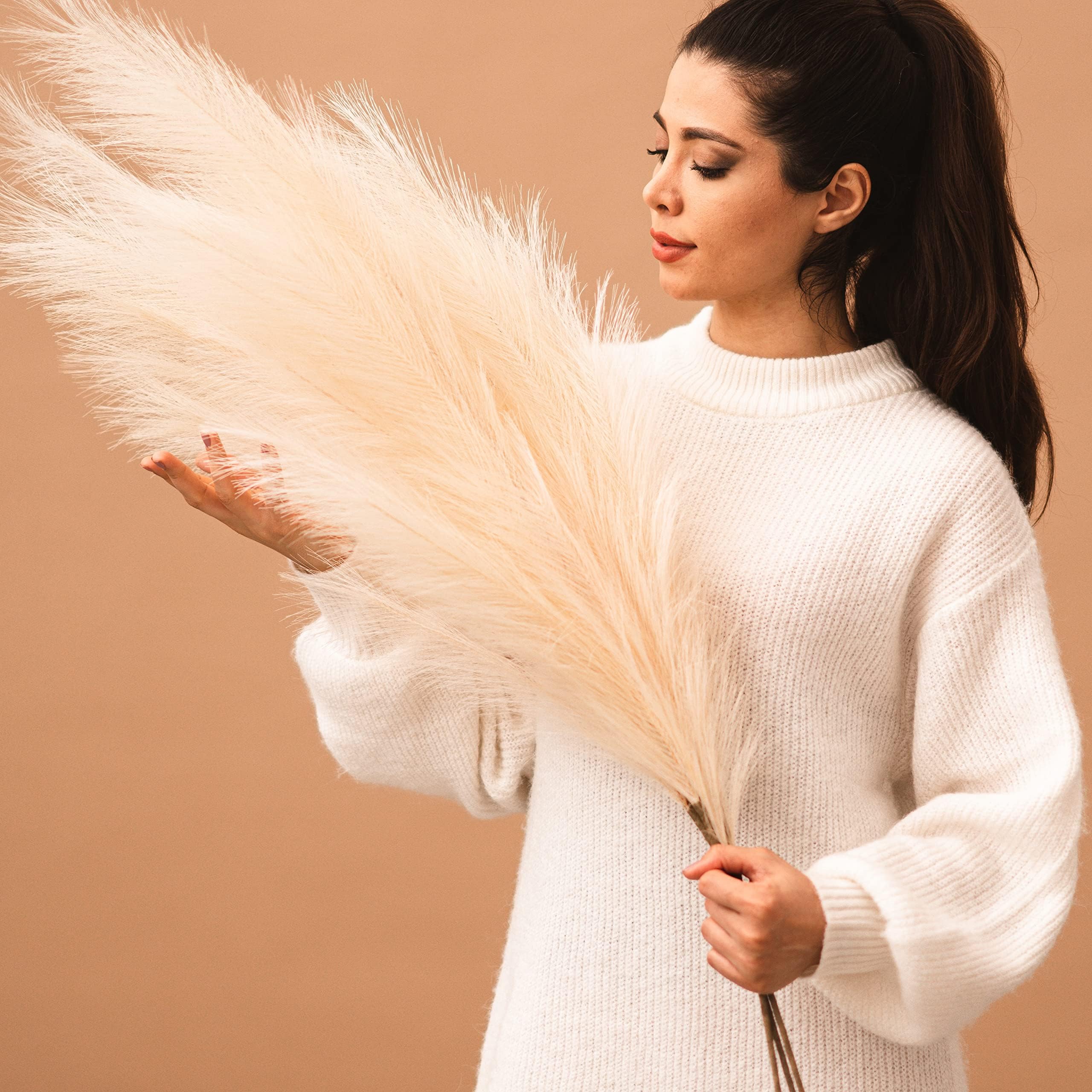Brooklyn TheoryFaux Pampas Grass Tall, 43"/110cm (Cream/Beige Color) 3pc Fake Artificial Pampass Grass Decor, Tall Pampas Grass for Floor Vase, Faux Pompous Grass