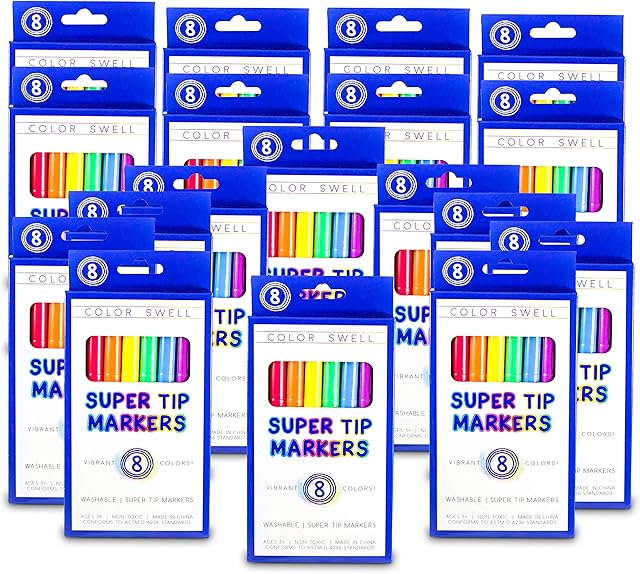 Color Swell Super Tip Washable Markers Bulk Pack of 18 Boxes of 8 Vibrant Colors (144 Total) Perfect for Kids, Parties, Classrooms