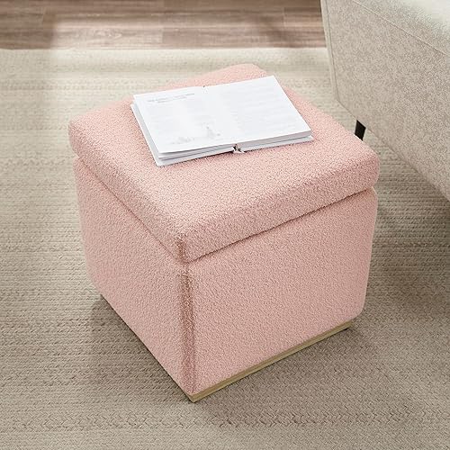 Miniatura 6 de Linon Blush Sherpa Lexington - Otomana cuadrada tapizada con decoración de madera de pino