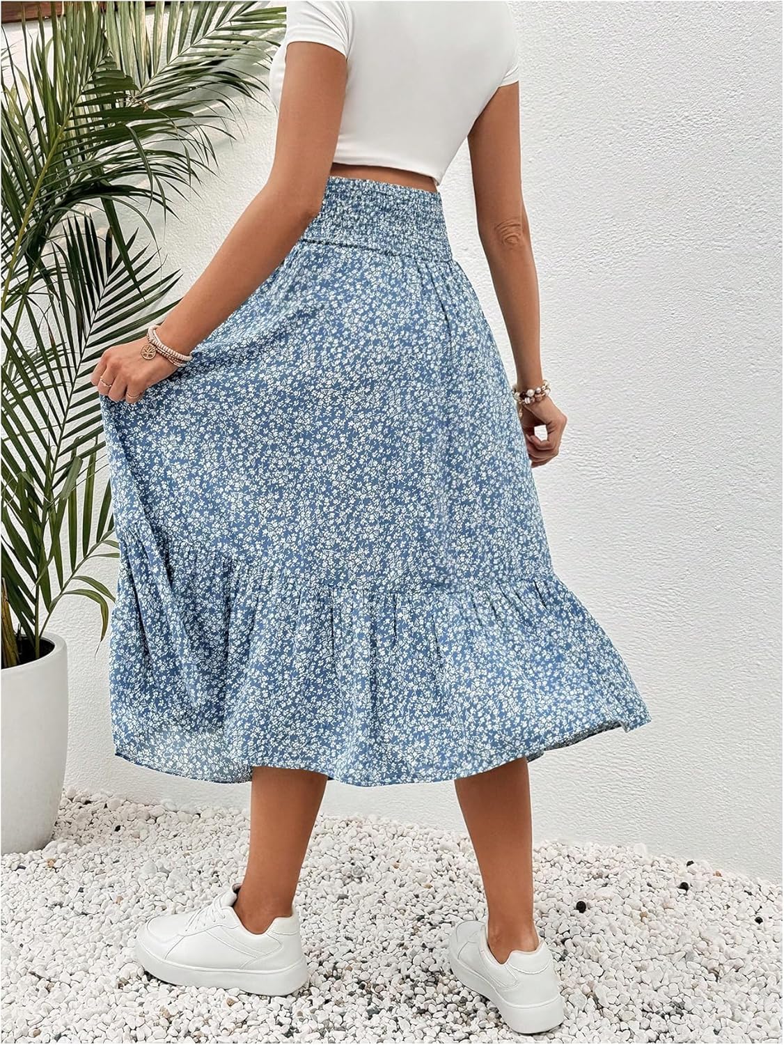OYOANGLE Women's Maternity Floral Print Boho Midi Skirt Shirred High Waisted Flowy Casual Pregnancy Long Skirts - Image 2
