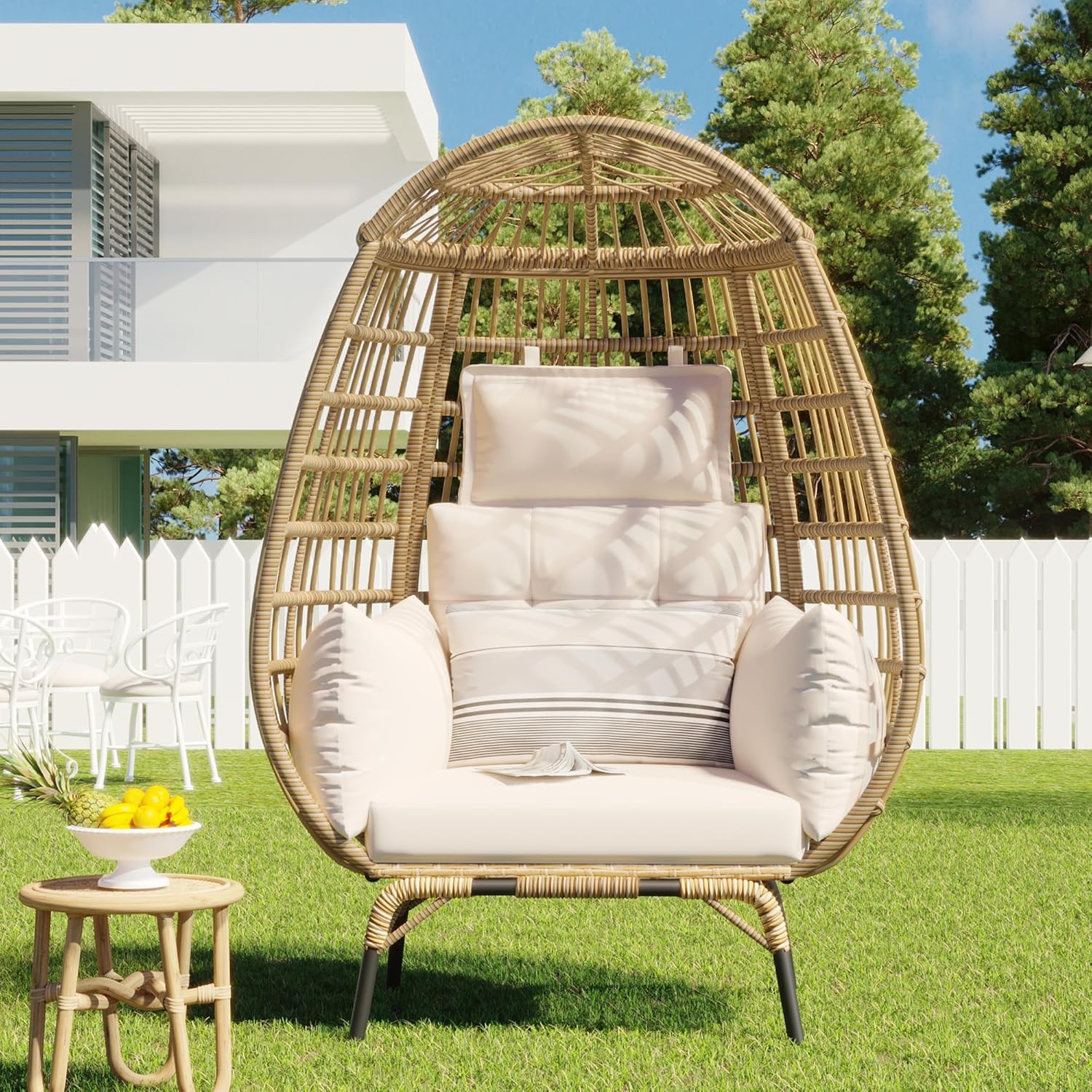 Unique Outdoor Patio Rope Egg-Shaped Chair with Removable Cushion,for Balcony Porch Poolside Garden Backyard (Beige@Rope)