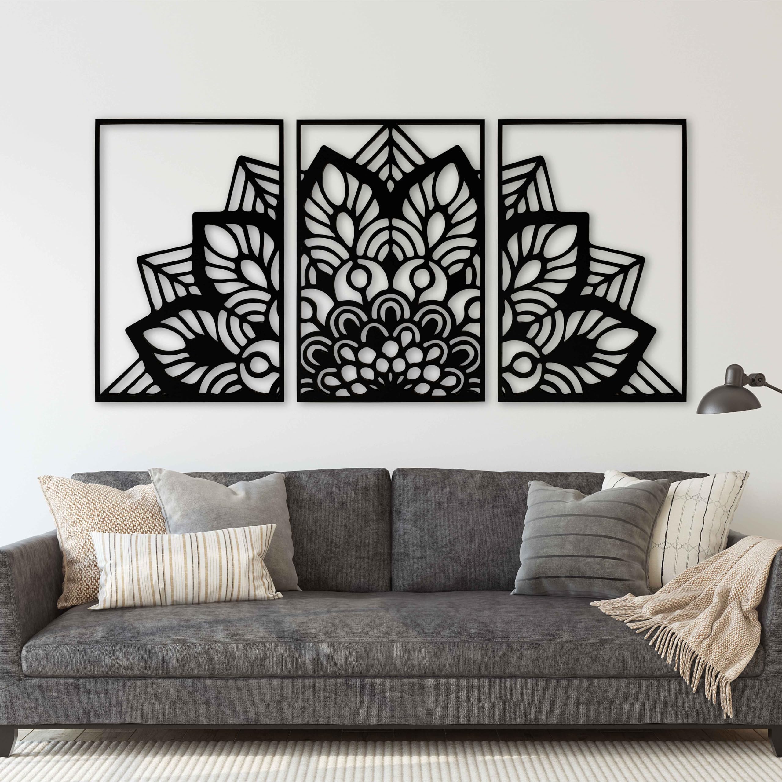 Sacred Lotus Mandala Holz Wandkunst Triptychon Moderne Zen Innen Holz Wanddekoration Boho Floral Geometrie Paneele Home Akzente Geschenk für Wohnzimmer und Schlafzimmer