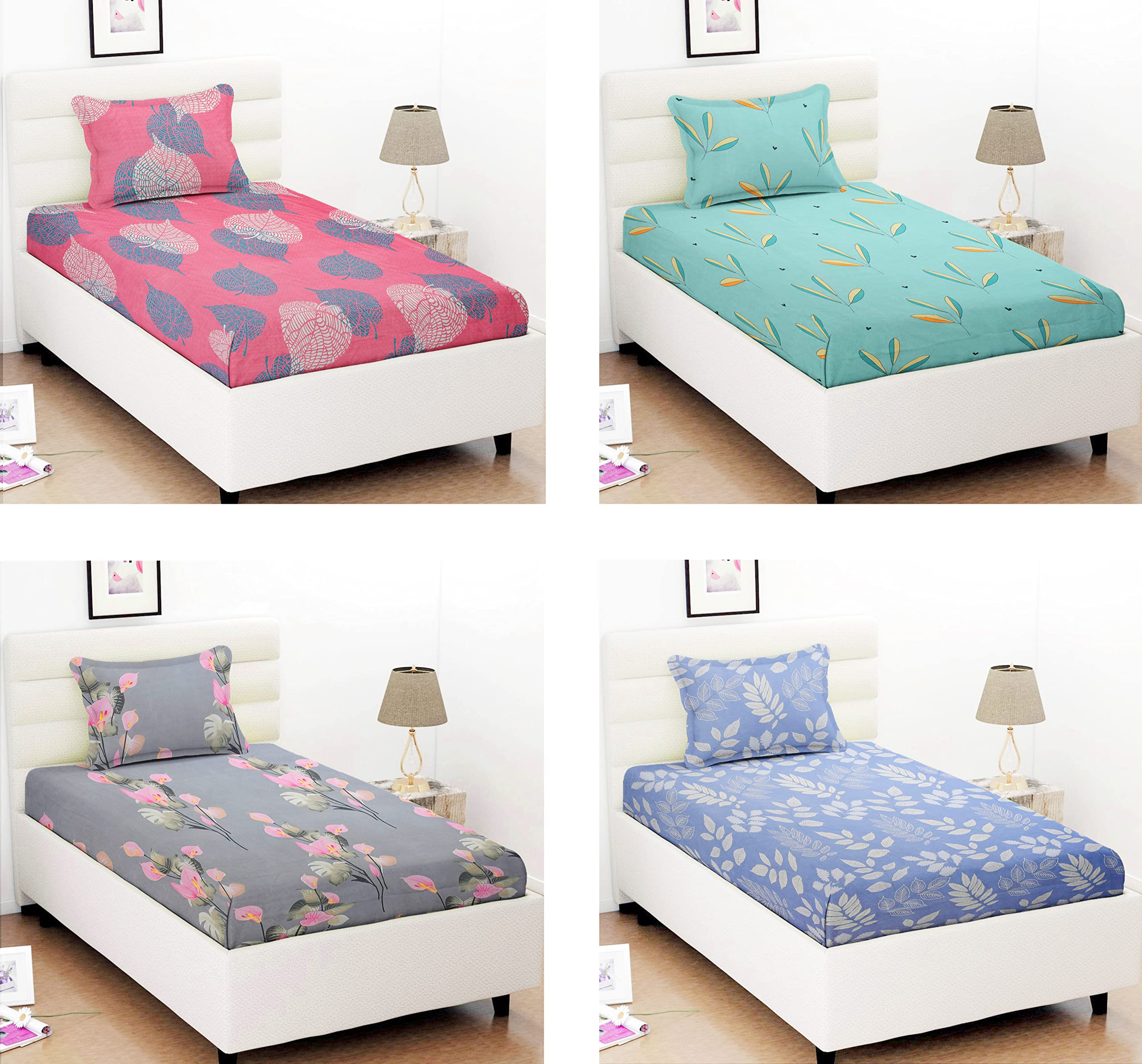 VAS COLLECTIONS Prime Combo Pack of 4 Single Bedsheets with 4 Pillow Covers | 160 TC Soft Brushed Glace Cotton -Long Lasting & Wrinkle Free - | 228x152 Cm Or 4X7.5 Ft-Green & WhitePink-image-21