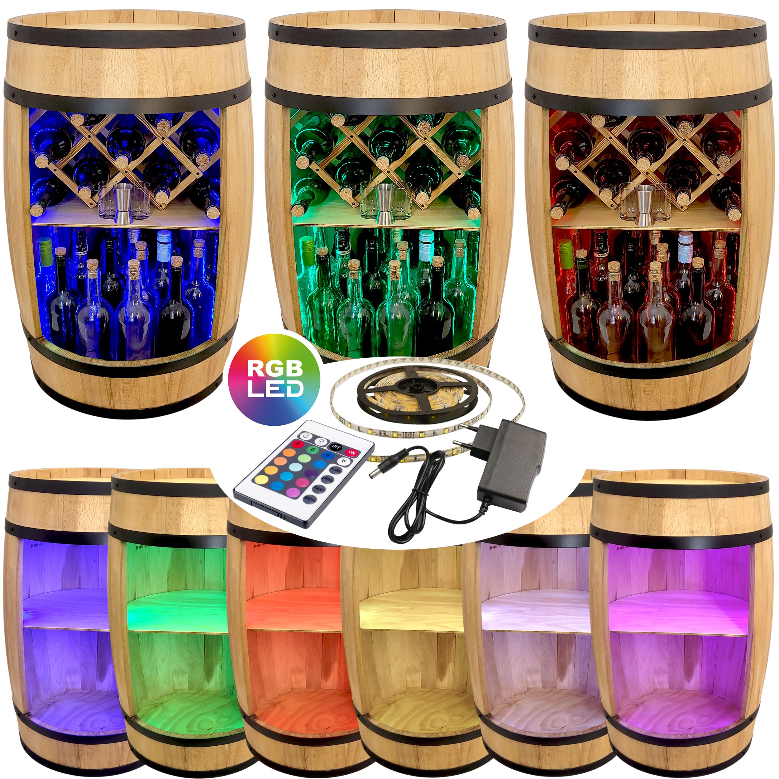WEECO Barile in legno con portabottiglie con luci a LED RGB, Porta vino, Casa bar, Portabottiglie per whiskybar, regalo per uomo, Botte in legno per bottiglie di alcolici, Botte Di whisky Grappa 80cm