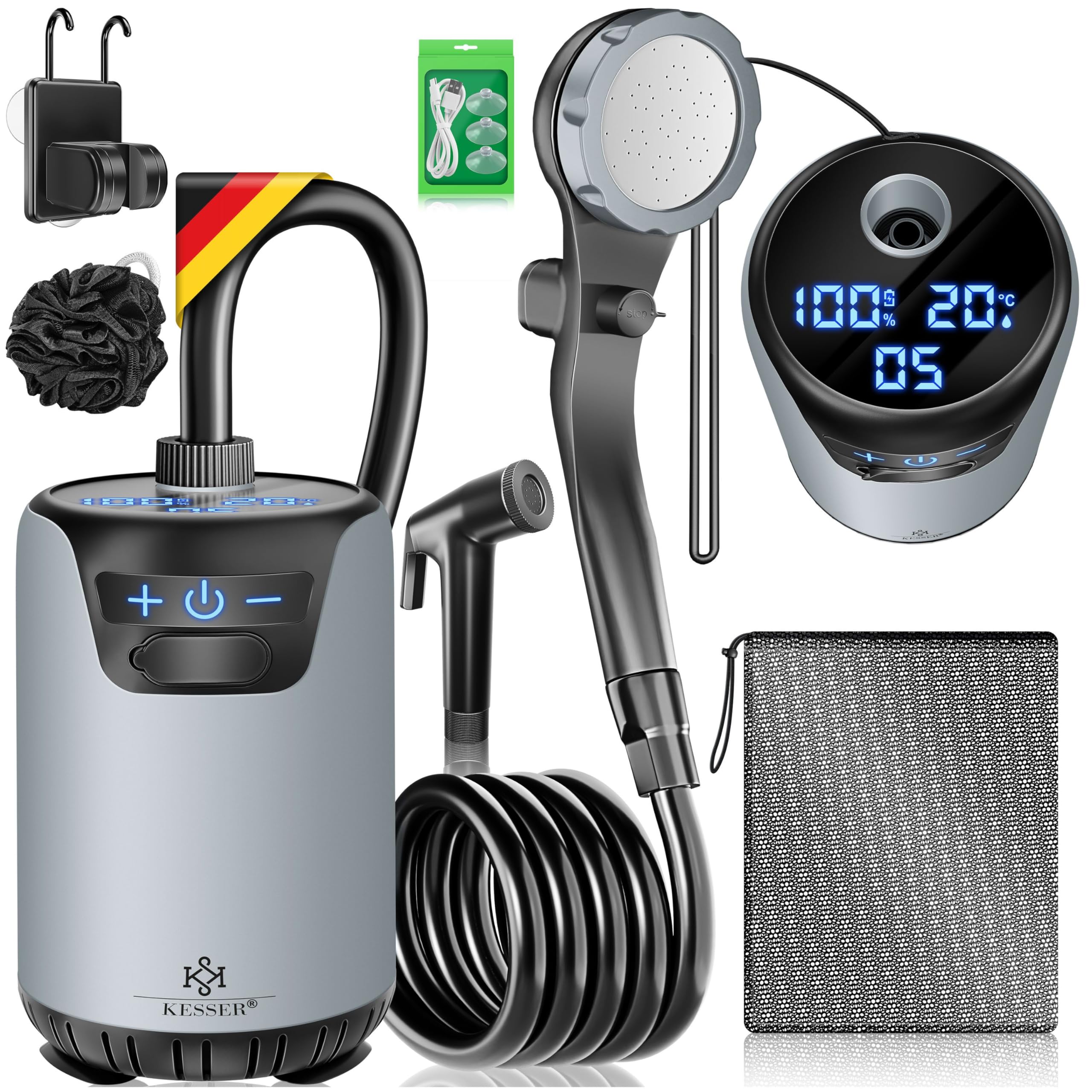 KESSER® Campingdusche Solardusche mit Pumpe & wiederaufladbarem Akku 8000mAh Mobile Dusche | Camping Dusche Set inkl. einstellbarem Duschkopf, 2m Schlauch, Sprühpistole & Halterung
