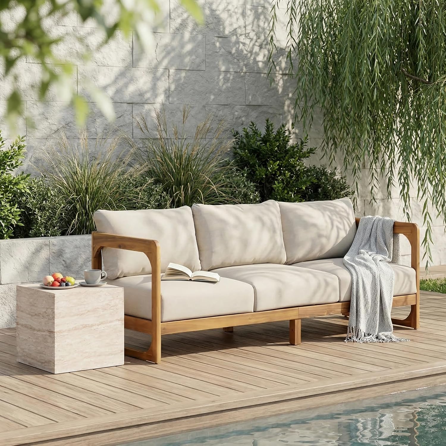 Christopher Knight Home Daria Acacia Wood Outdoor 3 Seater Sofa with Cushion, Solid Wood Patio Sofa with Removable Cushion, Comfy Lounge Sofa for Patio Furniture Set, Teak+Beige