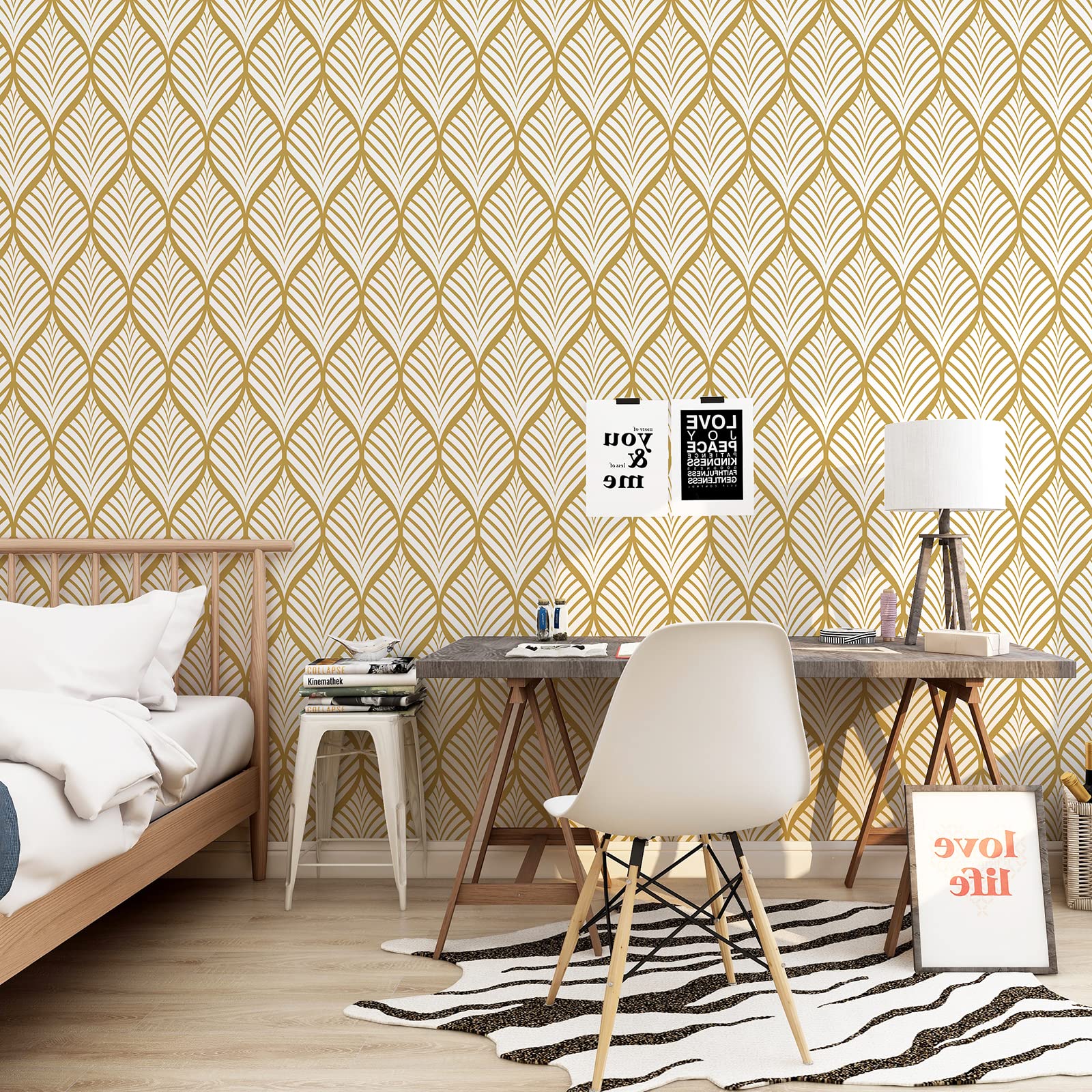 Papel Pintado Moderno Amarillo Adhesivo de Pared Autoadhesivo Impermeable con Diseño Geométrico de Rayas Doradas Para Baño Sala de Estar Dormitorio Decoración de Puerta de Cocina 44,5x1000cm