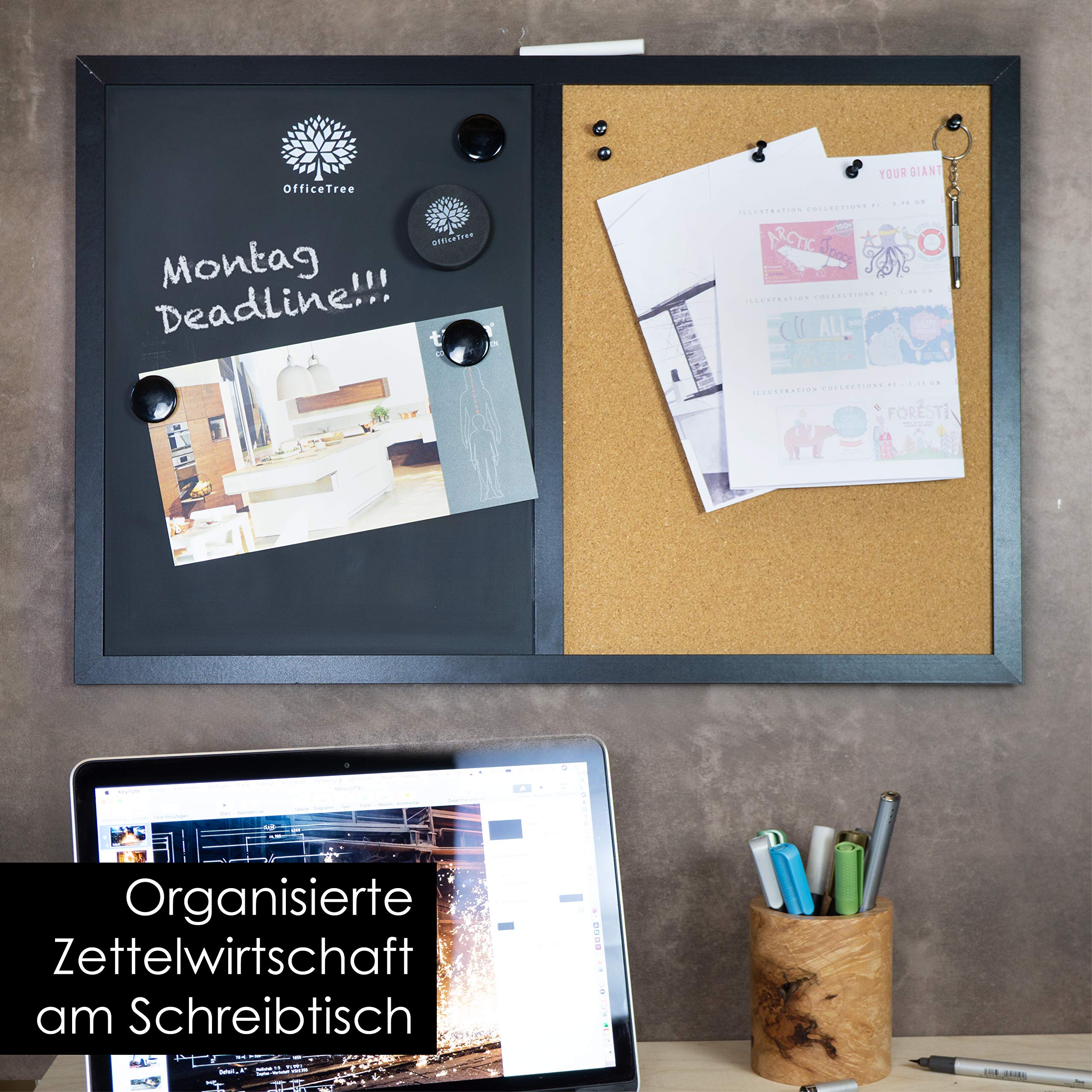 OfficeTree Kombitafel 60 x 40 cm - Magnettafel Küche mit Kreidetafel und Pinnwand Kork - To Do Tafel Küche - Notiztafel Magnetisch - Als Magnet Pinnwand mit Zubehör