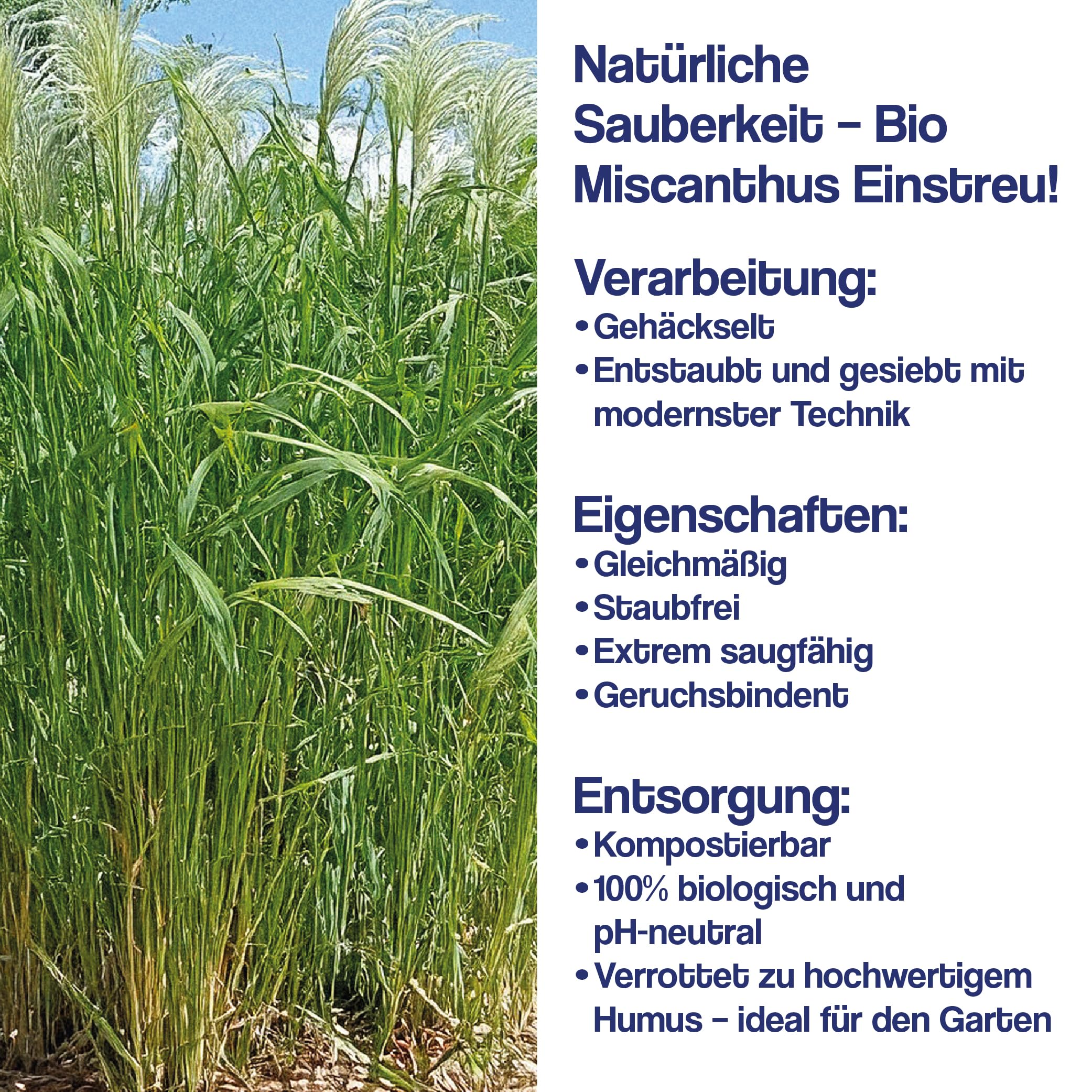 Bio Miscanthus Einstreu grob - Staubarm & Saugstark - Einstreu für Kleintiere wie Kaninchen, Meerschweinchen, Hamster - Kleintierstreu aus biologischem Anbau - 980L 100% Natur