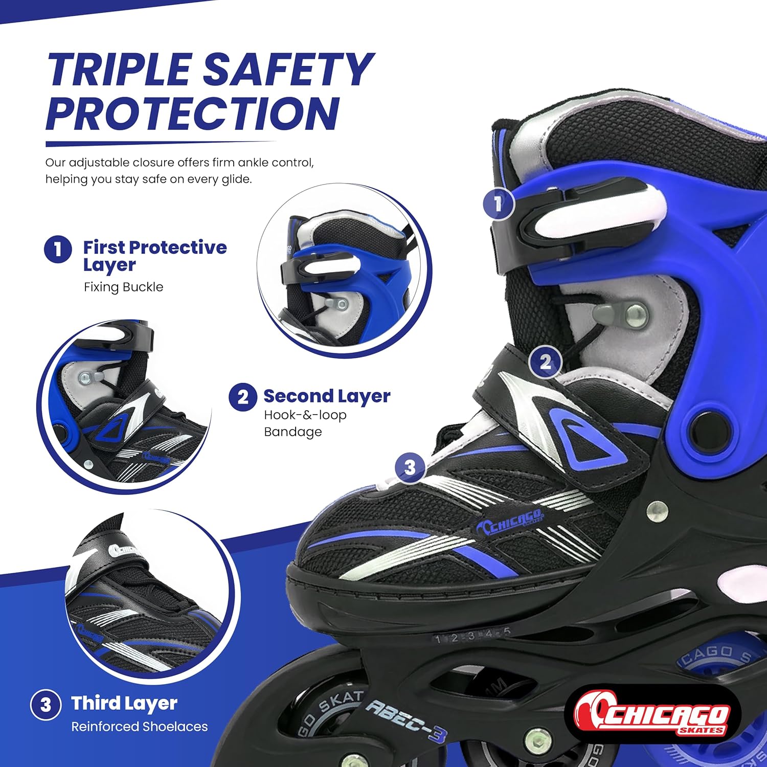 Chicago Inline Skates for Kids – Durable Top Performance Roller Blades with Secure Fit, Breathable Mesh Boot & Power Strap – 70mm Urethane Wheels with ABEC-3 Precision Bearings – Indoor/Outdoor Use