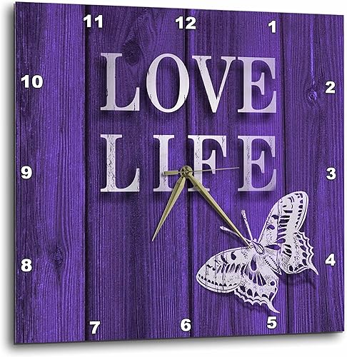 Tipografía de rosa 3D - Reloj de pared con texto Love Life y mariposa sobre tinte morado, efecto madera, 10 x 10 pulgadas