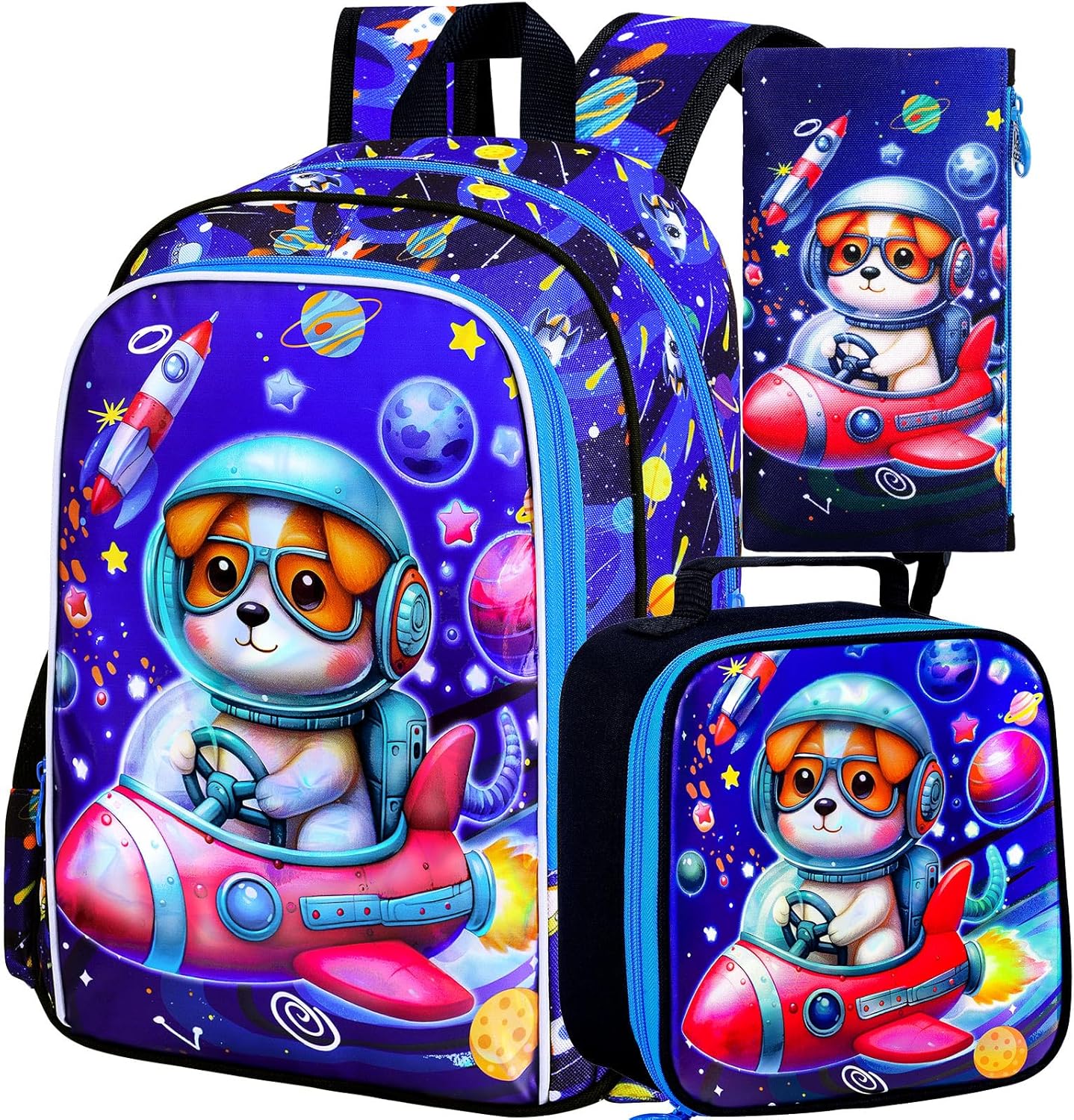 KLFVB 3PCS Boys Dog Backpack, Water Resistant Kids Space Bookbag with Lunch Box, 16" Preschool Backpacks for Elementary - Rocket Dog