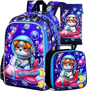 KLFVB 3PCS Boys Dog Backpack, Water Resistant Kids Space Bookbag with Lunch Box, 16" Preschool Backpacks for Elementary - Rocket Dog