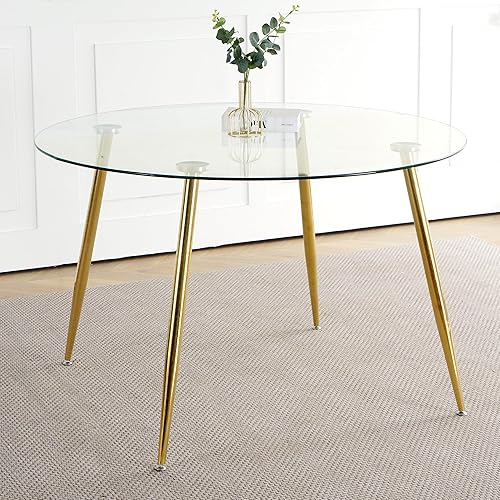 Vista 3 de Mesa moderna de cristal simple, material de metal de vidrio templado, patas de mesa chapadas en oro, adecuada para cocina de restaurante (juego de 1)