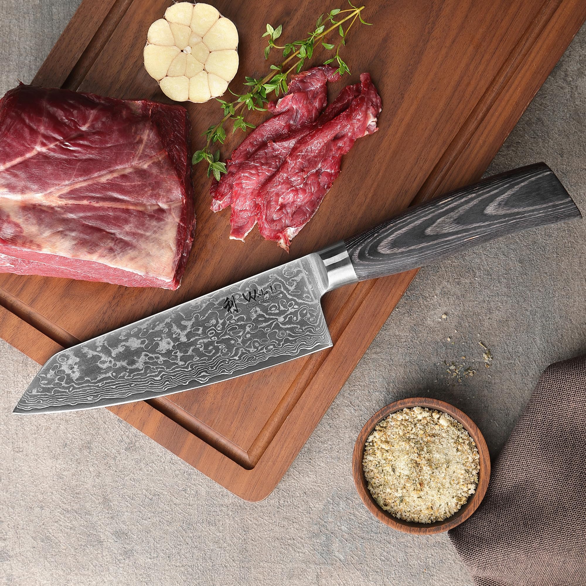 WAKOLI EDIB Pro Black Set de 3 Couteaux de Cuisine Professionnels en Damas | lames à 67 couches avec noyau VG10, manches en bois de pakka, élégant coffret cadeau en bois pour présentation et rangement
