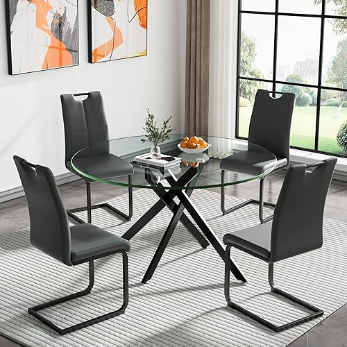 Miniatura 44 de Goujxcy Juego de mesa de comedor de cristal moderno para 6, juego de mesa y sillas de cocina de cristal plateado, juego de mesa de comedor de 7