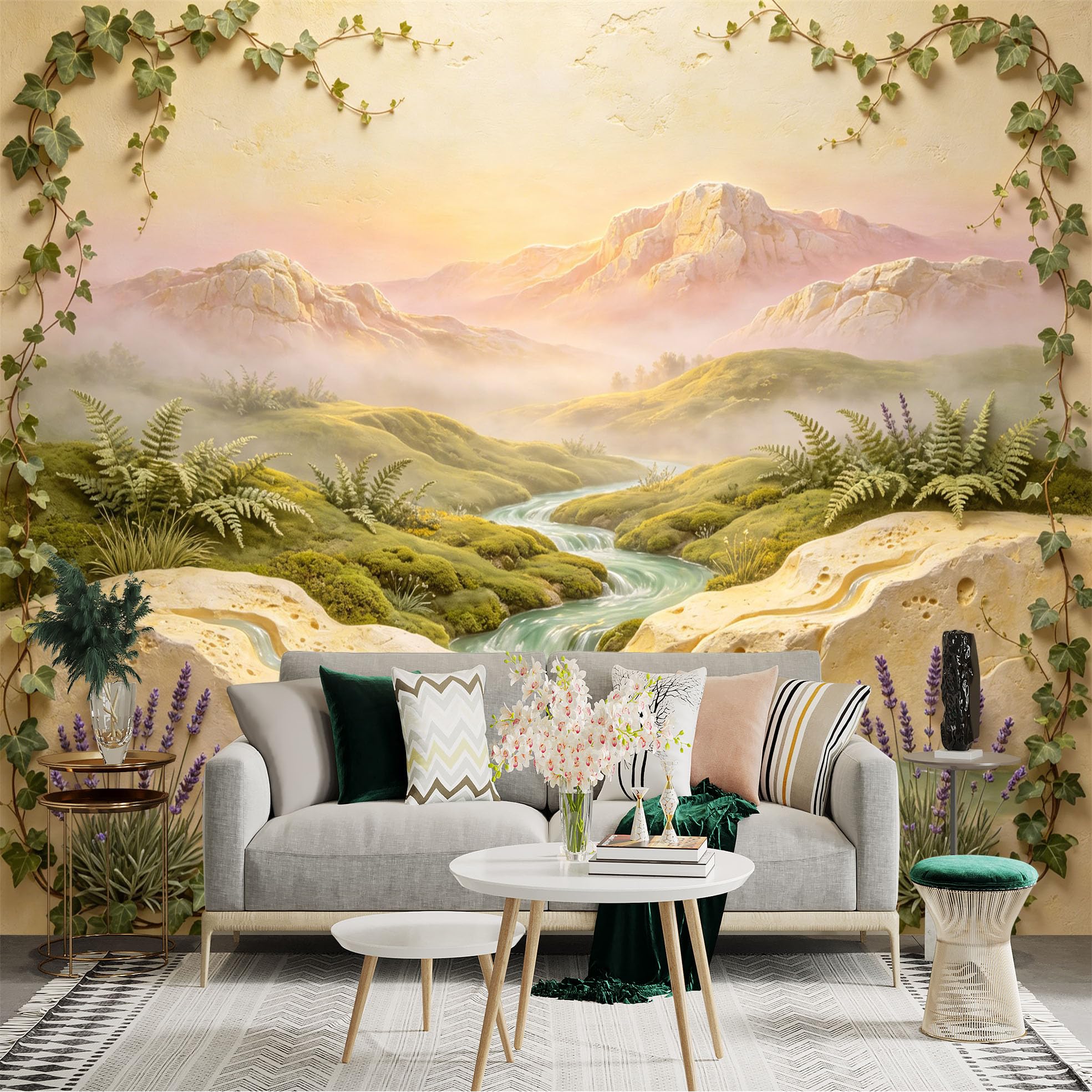 Custom Size Wall Sticker Mural， Misty Mountain Valley with River， Ferns and Lavender， for wall Decoration， peelandstick wall Decals.