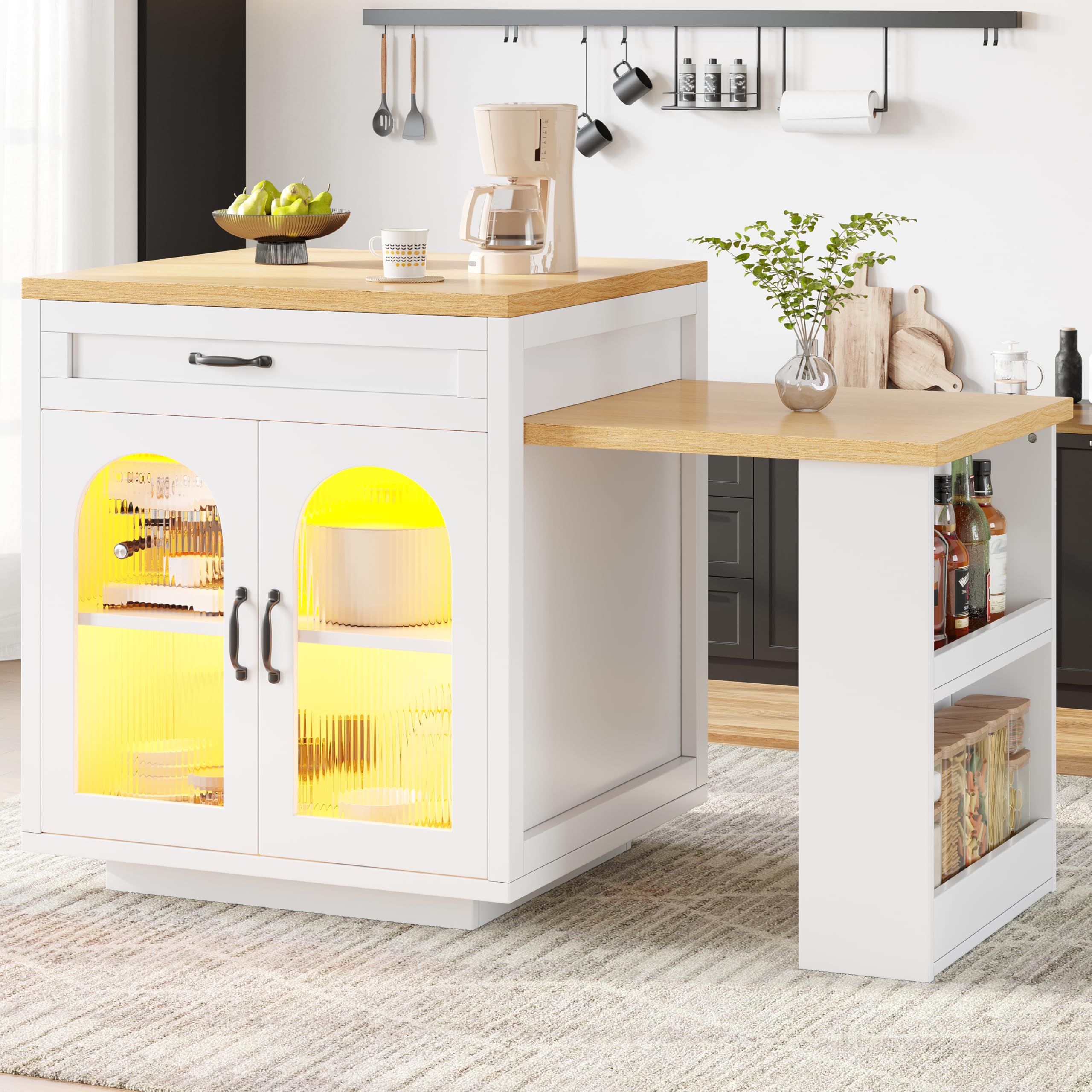 TIZZ Isola da cucina estraibile, mobile da cucina moderno con 2 cassetti e ripiani regolabili, credenza con ante in vetro scanalato, piano di lavoro da cucina in MDF per sala da pranzo, bianco