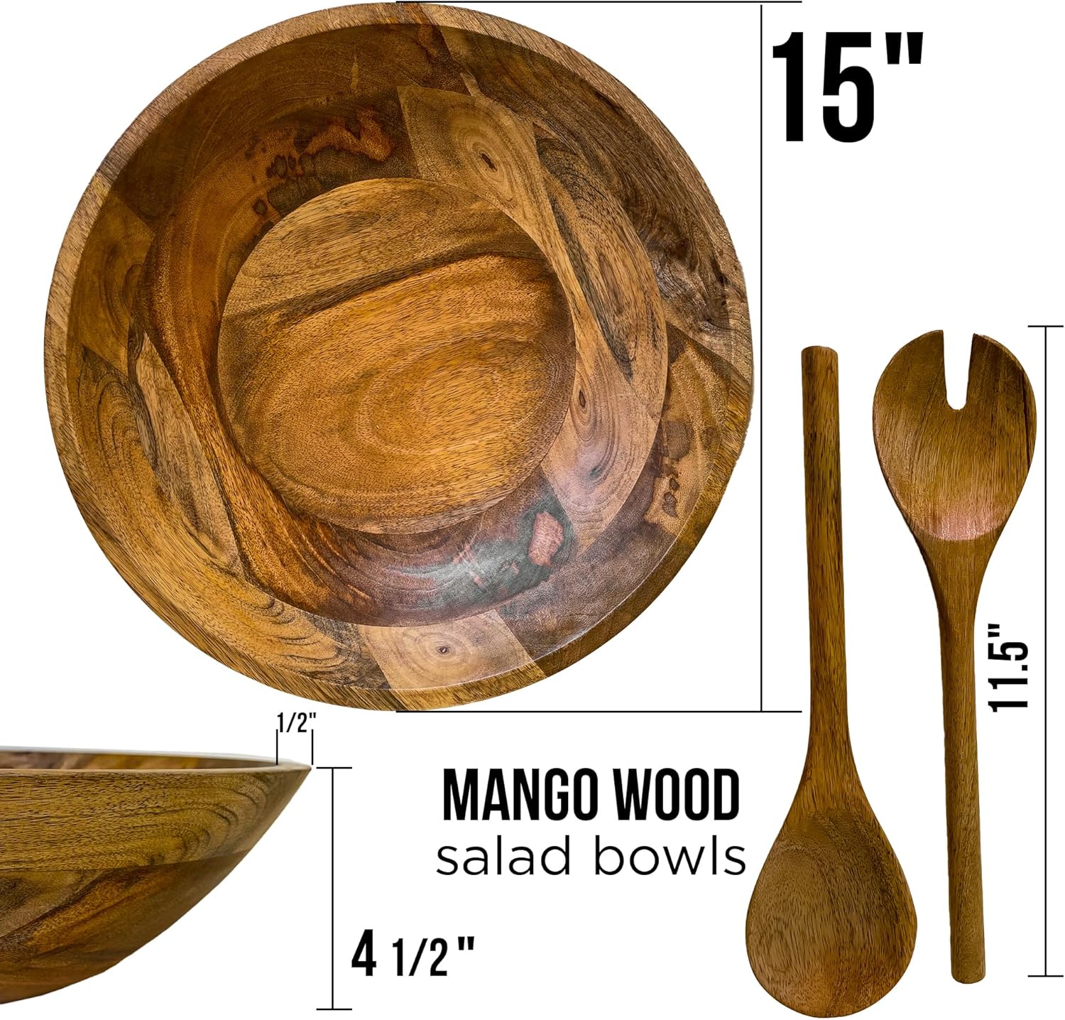Extra Large Wooden Salad Bowl 15" with Serving Utensils | Oversized Mango Wood Salad Bowl for Big Family Meals | Large Wood Serving Bowl for Salad, Pasta, Popcorn | Handcrafted Wooden Salad Set