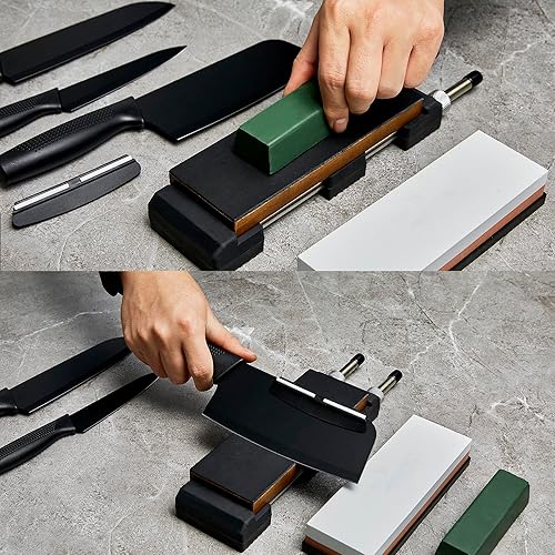 Miniatura 5 de Jeereal Kit de piedra de afilar cuchillos piedra de afilar de grano dual 240800 afilador de cuchillos Strop-Wasabi de cuero de madera maciza con