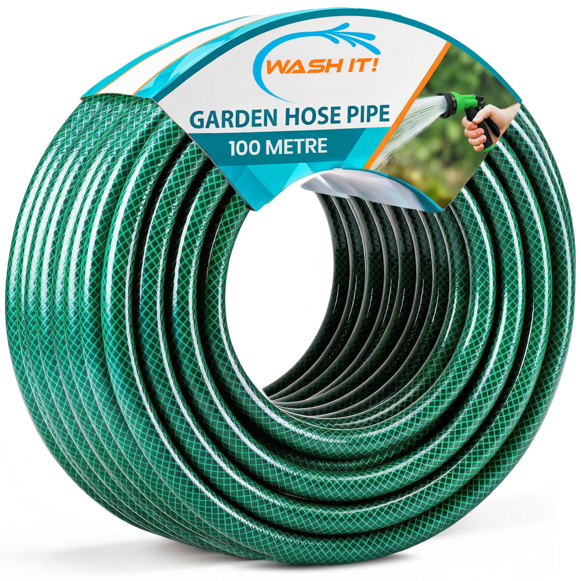 Wash It! Green Reinforced Garden Hose Pipe - Weatherproof Kink Resistant Garden Hosepipe For Watering, Gardening And Cleaning Tasks - Strong Universal Water Hose Pipe - Durable Flexible Hosepipe (100M)