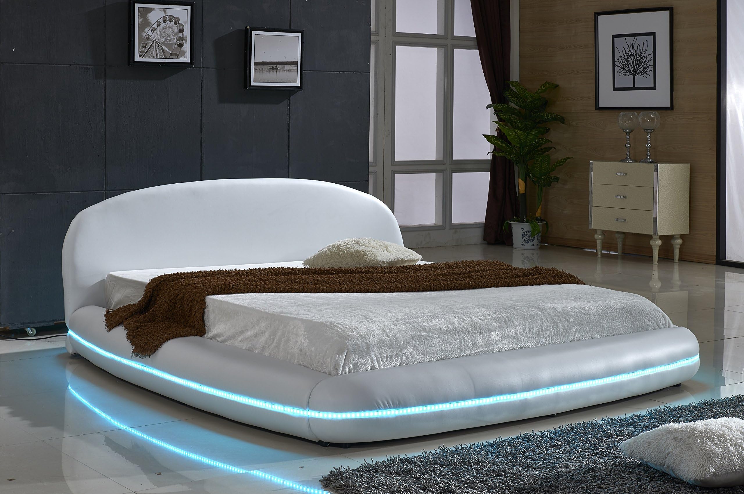 US Pride Furniture White Leather with Flexible LED Decoration Strip Light Contemporary Platform Bed, California King