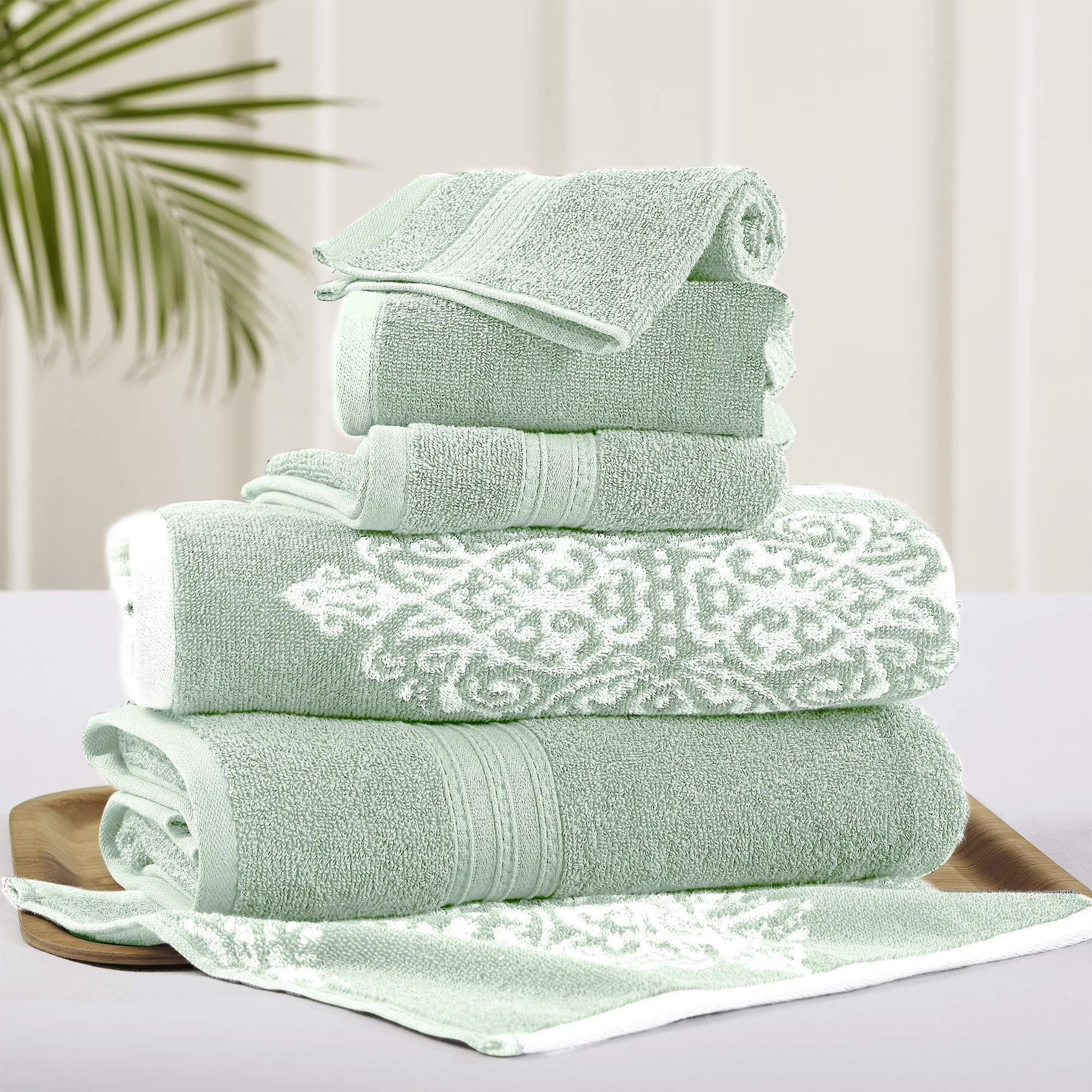 Modern Threads 6 Piece Reversible Yarn Dyed Jacquard Towel Set Artesia Damask Sage