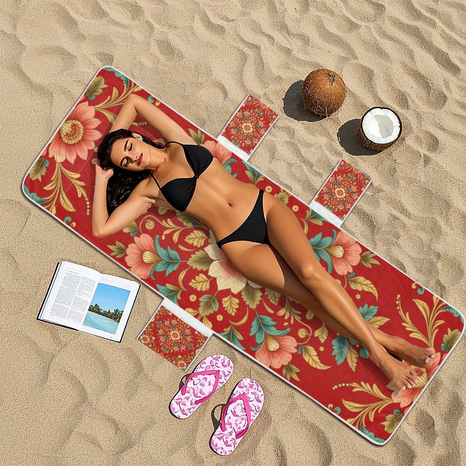 FRODOTGV Pokrowiec na leżak 215 cm x 76 cm | Wiele kieszeni pojedyncze opakowanie składane na plażę czerwony ozdobny