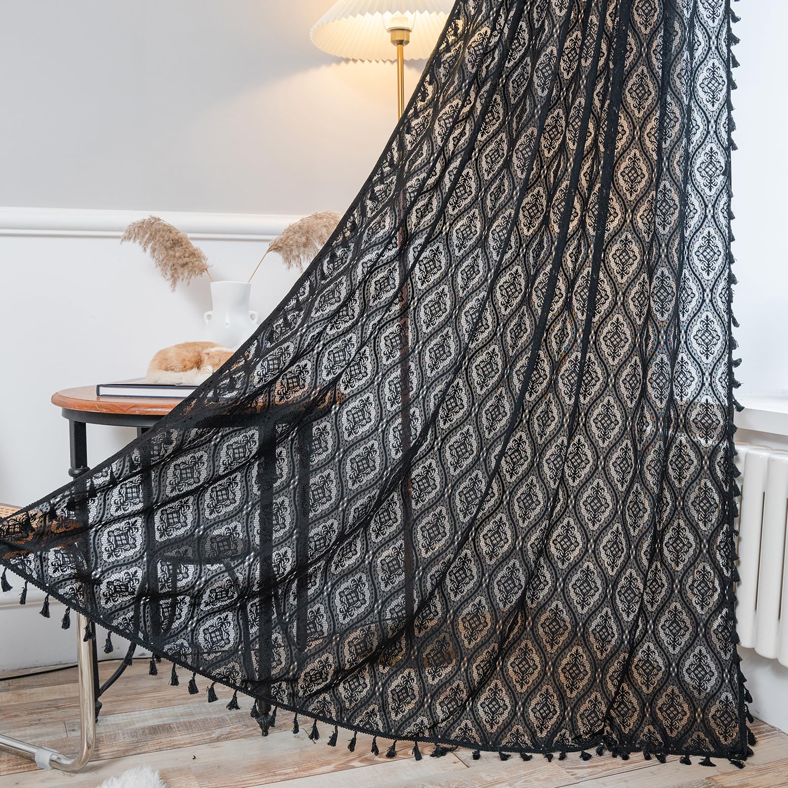 ColorBird Black Lace Sheer Curtains for Bedroom,63 Inch Length 2 Panel Set Vintage Lace Curtains for Living Room,Farmhouse Macrame Tassels Curtains for Doorways