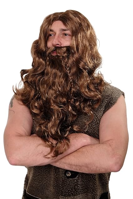 WIG ME UP- WIG007-P8 Peluca y Barba Carnaval Halloween Vikingo Fiera Bárbar marrón Claro