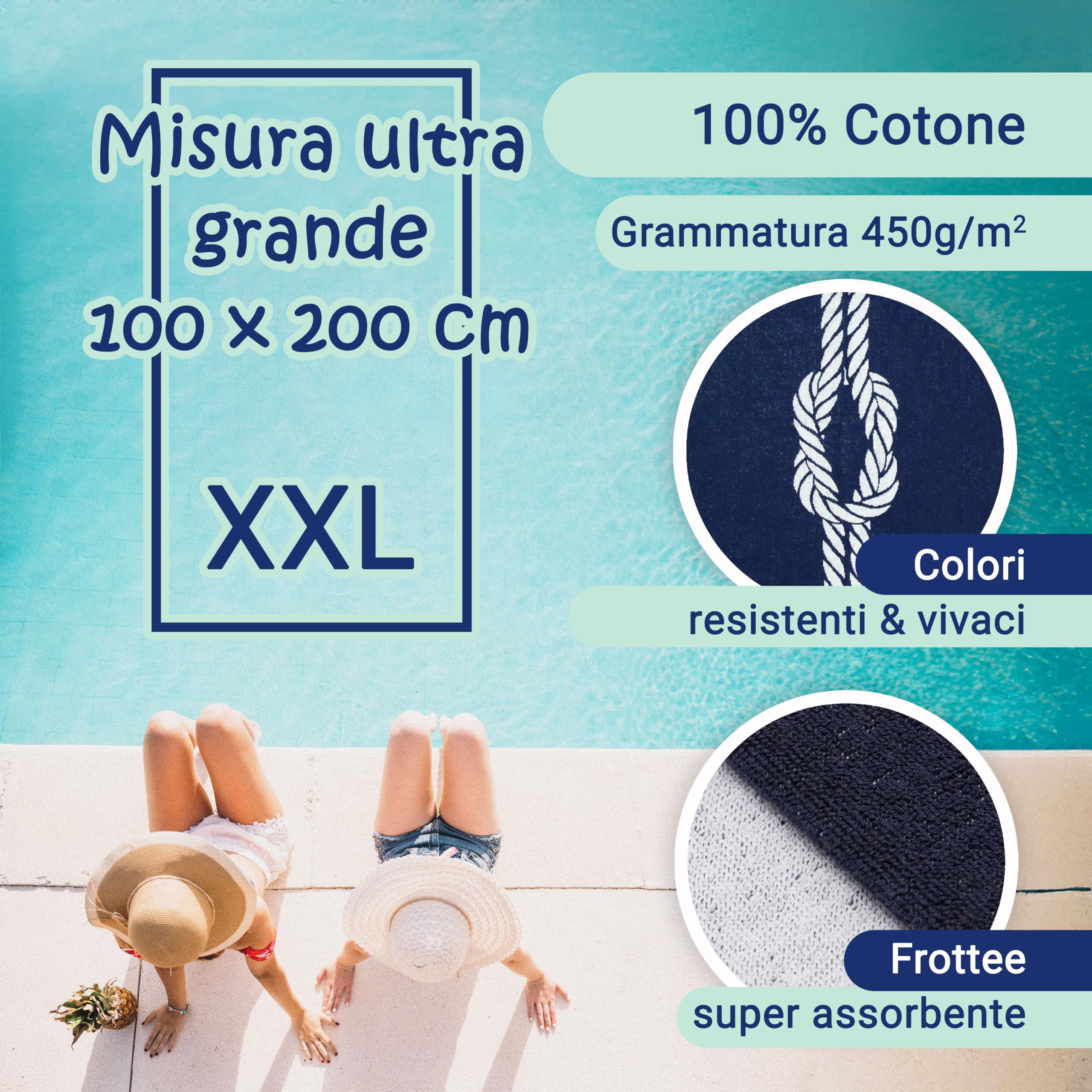 ZOLLNER Telo mare 100x200 cm - asciugamano da spiaggia assorbente e resistente - lavabile a 60°C - Cotone - Design blu con nodo marino e corda bianco - Certificato Oeko Tex (R)