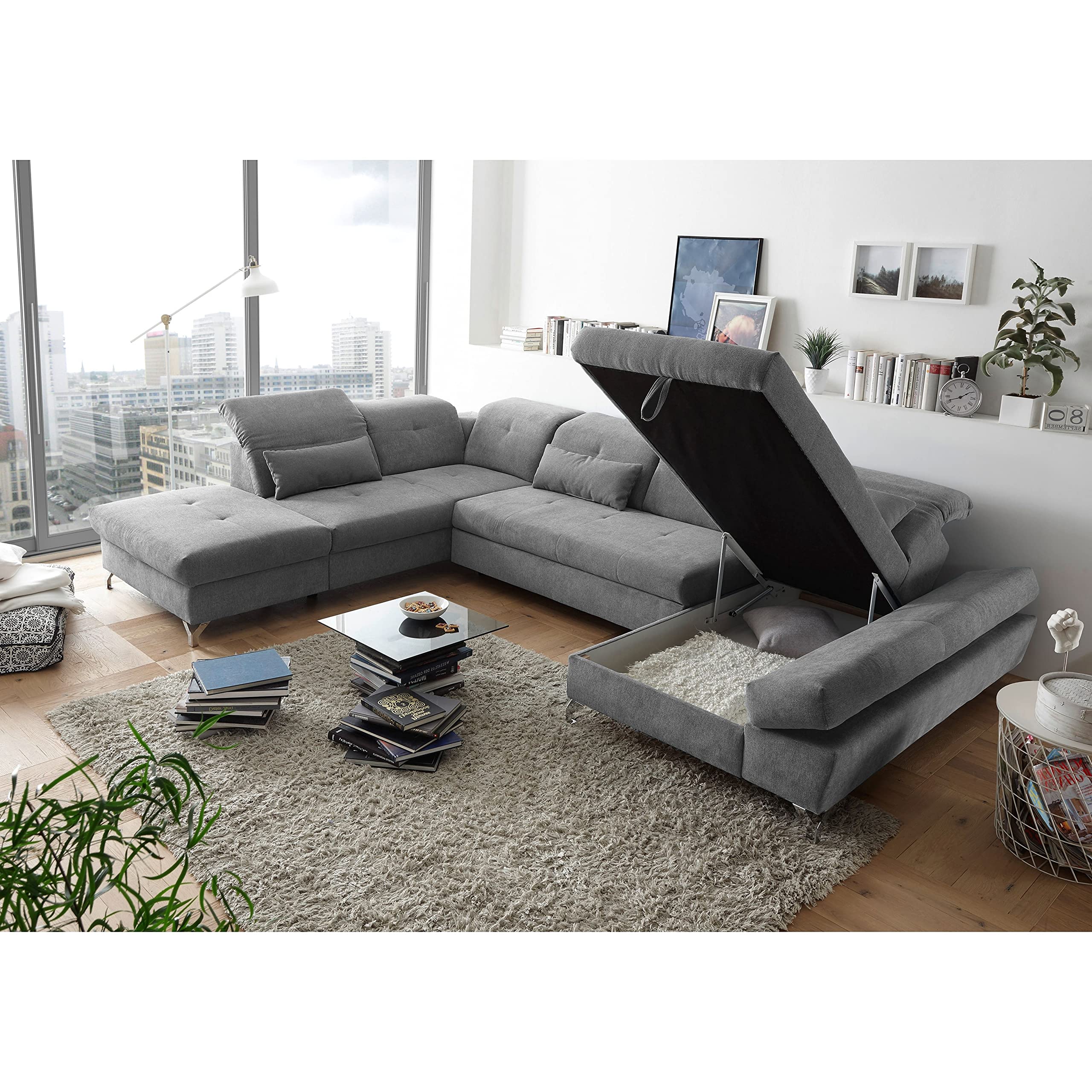 Stella Trading MELFI Wohnlandschaft in U-Form, Stoffbezug Schlamm - Ausziehbares Sofa mit Schlaffunktion & Bettkasten - 350 x 73 (96) x 245 cm (B/H/T)
